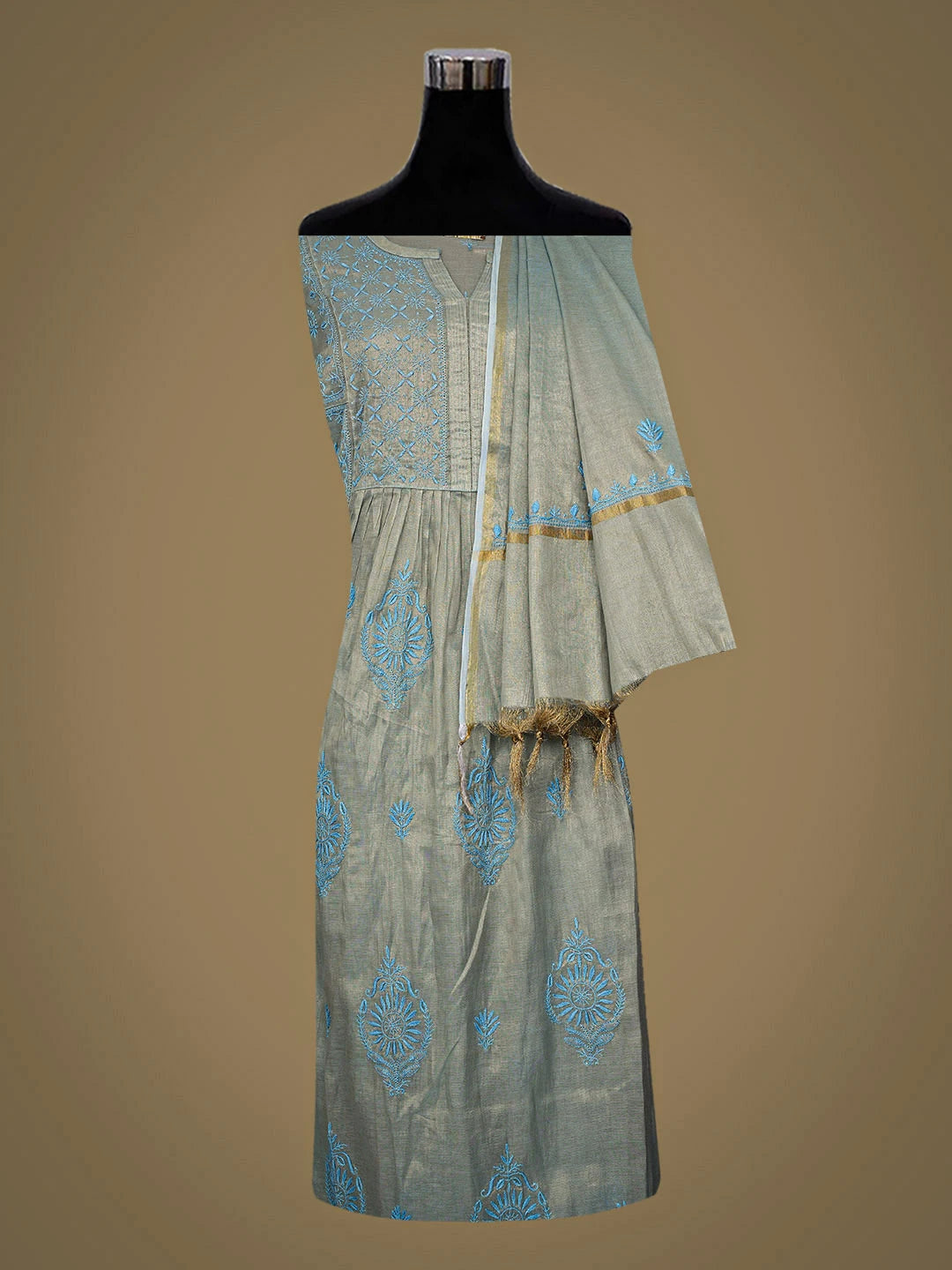 Ada Hand Embroidered Blue Tissue Lucknowi Chikankari Semi-stitched A Line Kurta Dupatta Set 01A904474