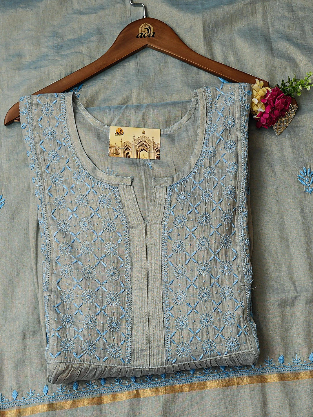 Ada Hand Embroidered Blue Tissue Lucknowi Chikankari Semi-stitched A Line Kurta Dupatta Set 01A904474