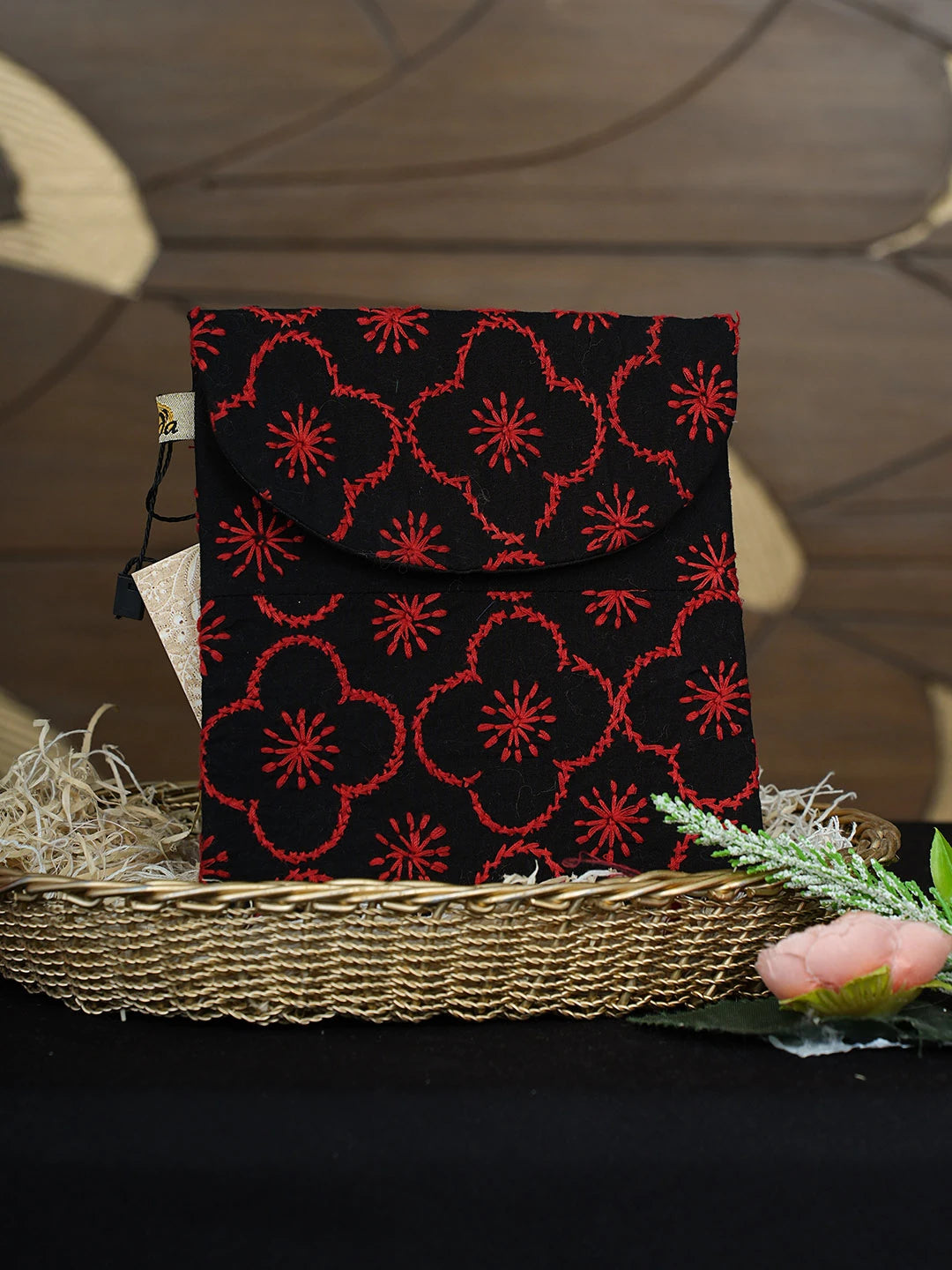 Ada Hand Embroidered Black Cotton Lucknowi Chikankari Pouch 01A916339