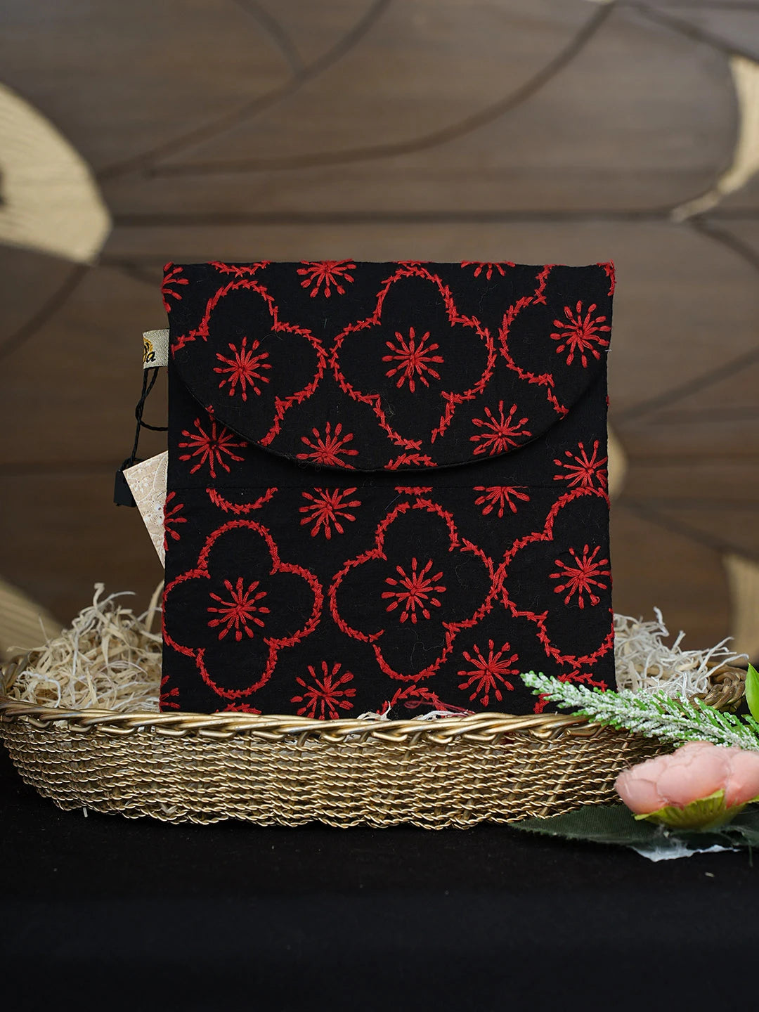 Ada Hand Embroidered Black Cotton Lucknowi Chikankari Pouch 01A916339