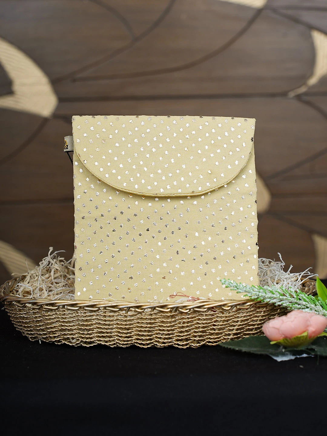 Ada Hand Embroidered Light Gold Yellow Viscose Georgette Lucknowi Chikankari Pouch with Muqaish Work 01A916352