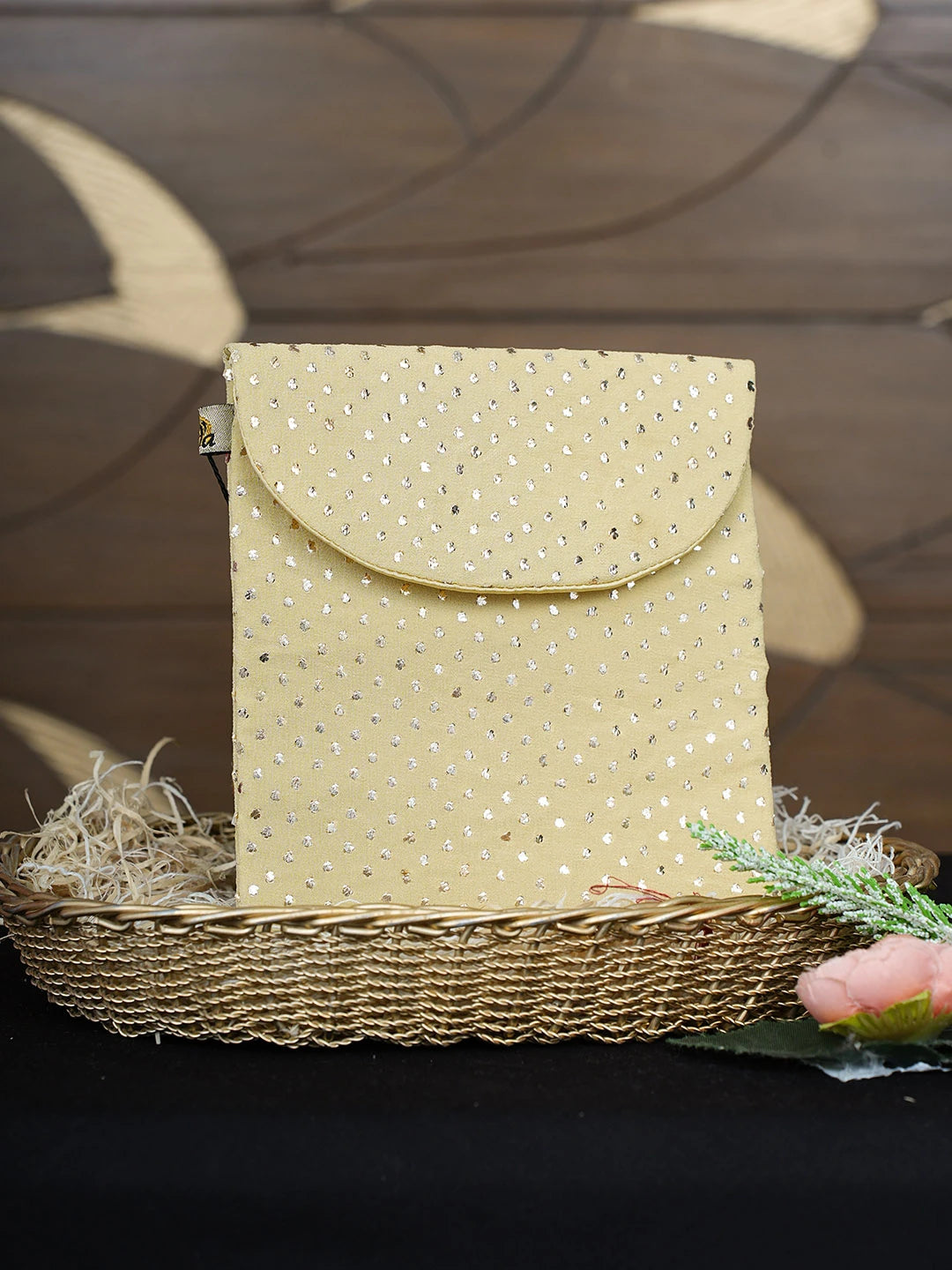 Ada Hand Embroidered Light Gold Yellow Viscose Georgette Lucknowi Chikankari Pouch with Muqaish Work 01A916352