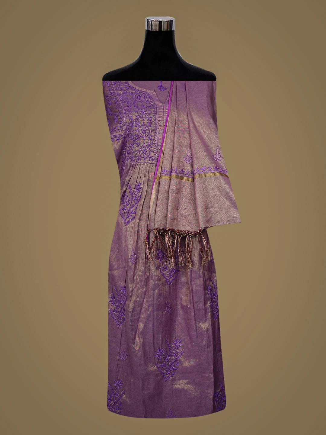 Ada Hand Embroidered Purple Tissue Lucknowi Chikankari Semi-stitched A Line Kurta Dupatta Set 01A912346
