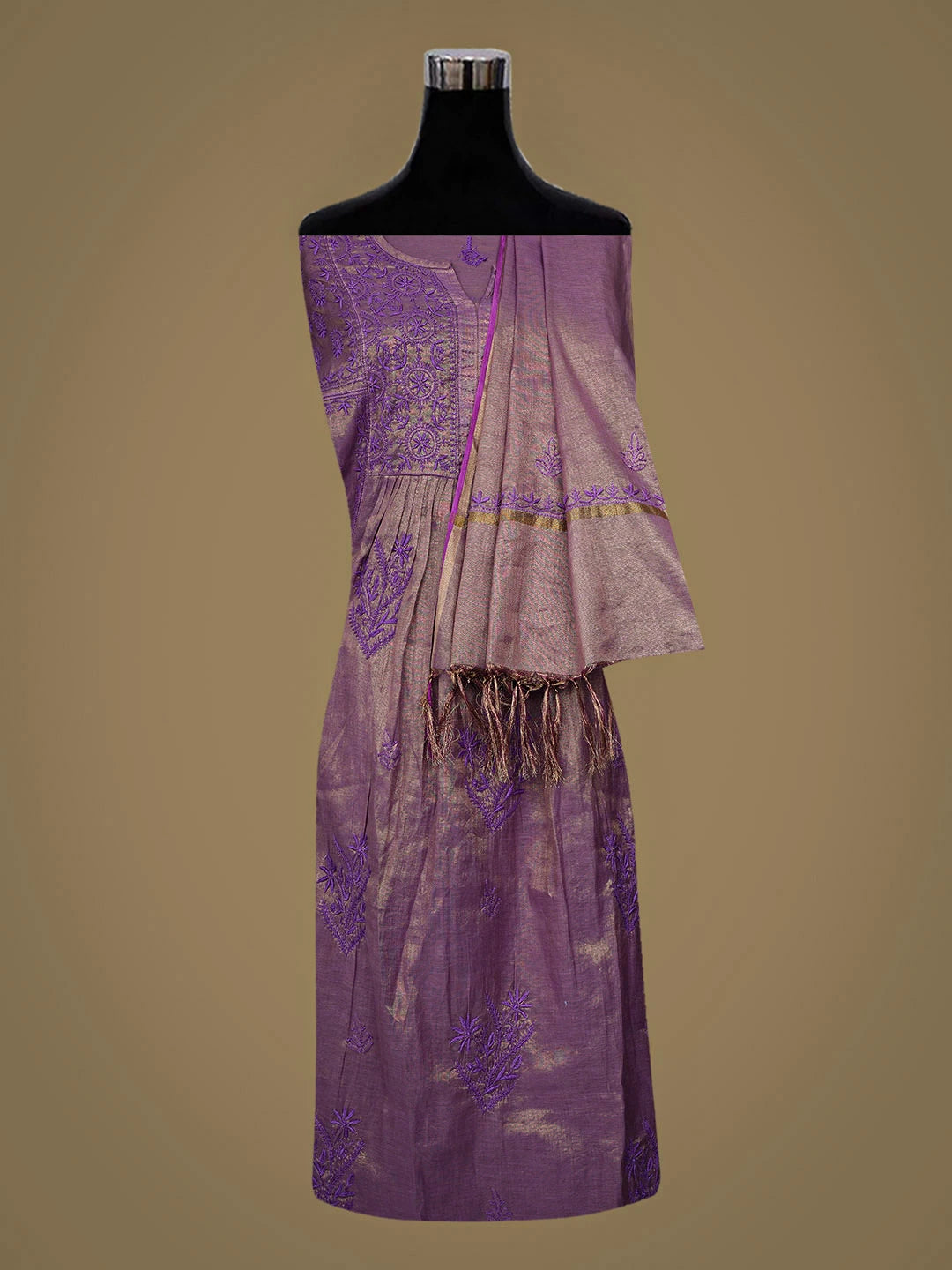 Ada Hand Embroidered Purple Tissue Lucknowi Chikankari Semi-stitched A Line Kurta Dupatta Set 01A912346