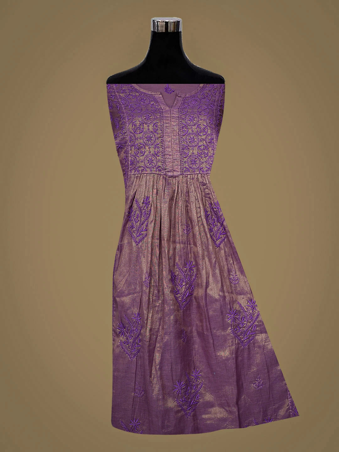 Ada Hand Embroidered Purple Tissue Lucknowi Chikankari Semi-stitched A Line Kurta Dupatta Set 01A912346