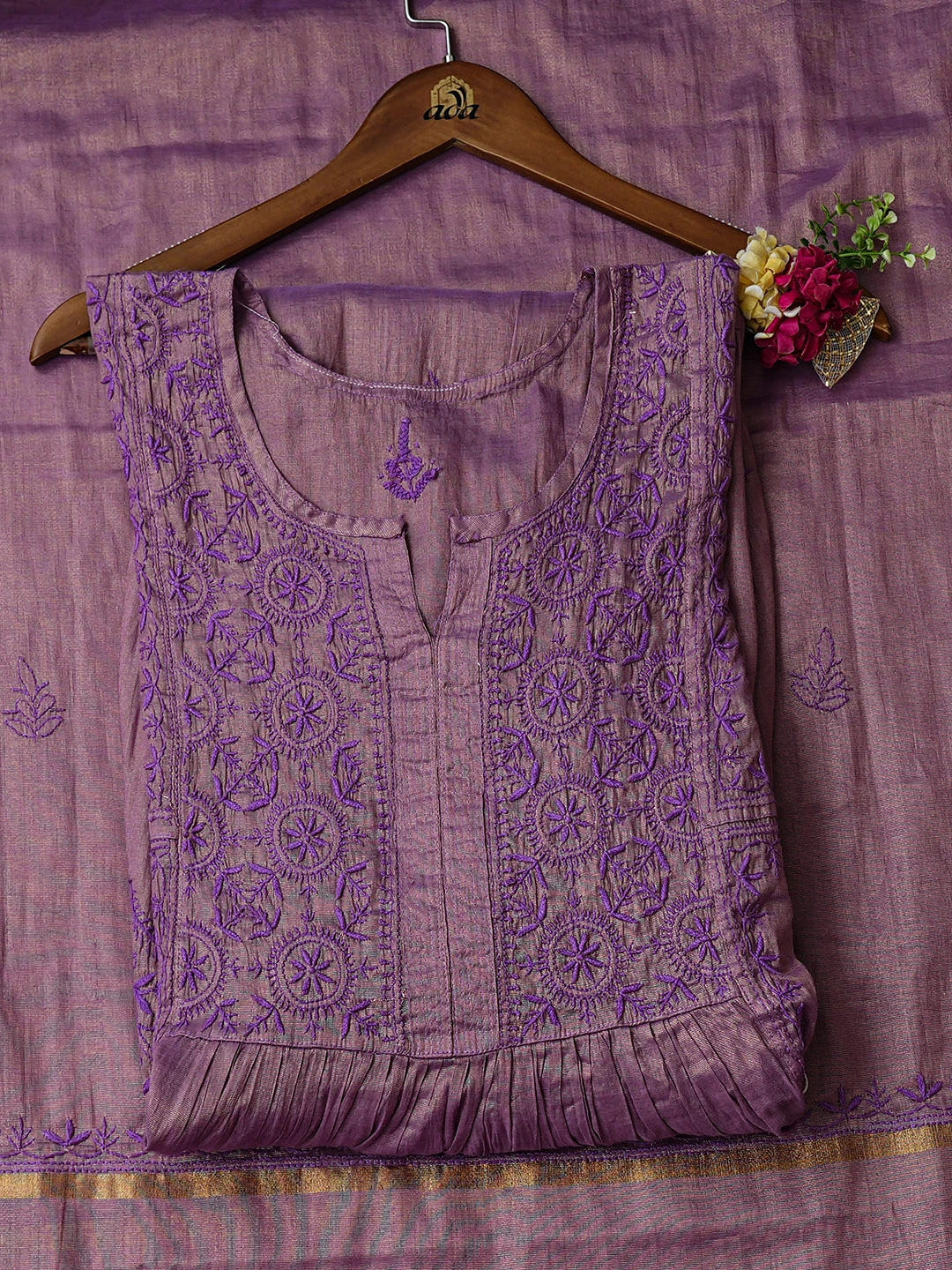 Ada Hand Embroidered Purple Tissue Lucknowi Chikankari Semi-stitched A Line Kurta Dupatta Set 01A912346