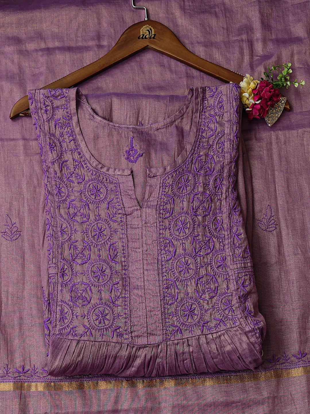 Ada Hand Embroidered Purple Tissue Lucknowi Chikankari Semi-stitched A Line Kurta Dupatta Set 01A912346