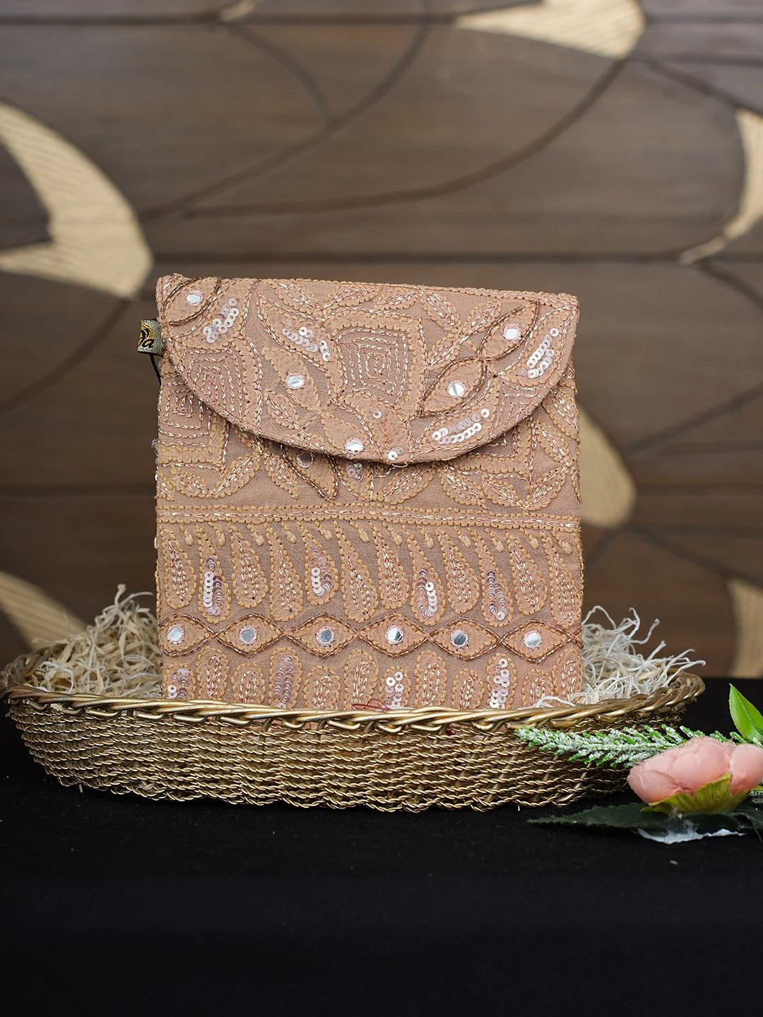 Ada Hand Embroidered Brown Viscose Georgette Lucknowi Chikankari Pouch with Zari Work 01A916343