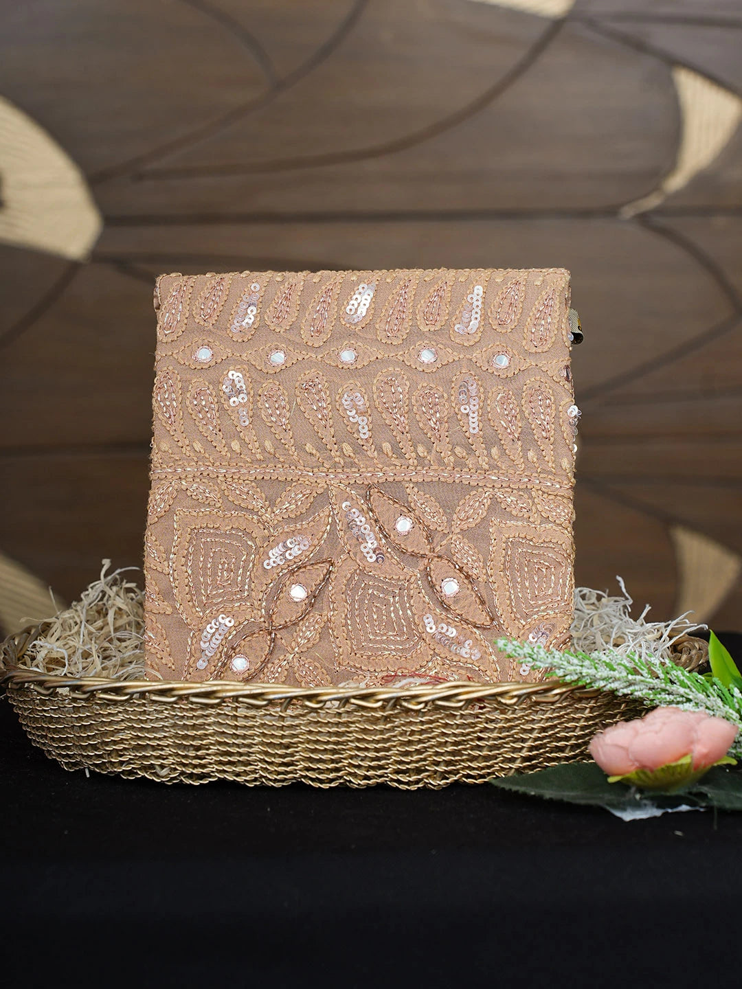 Ada Hand Embroidered Brown Viscose Georgette Lucknowi Chikankari Pouch with Zari Work 01A916343