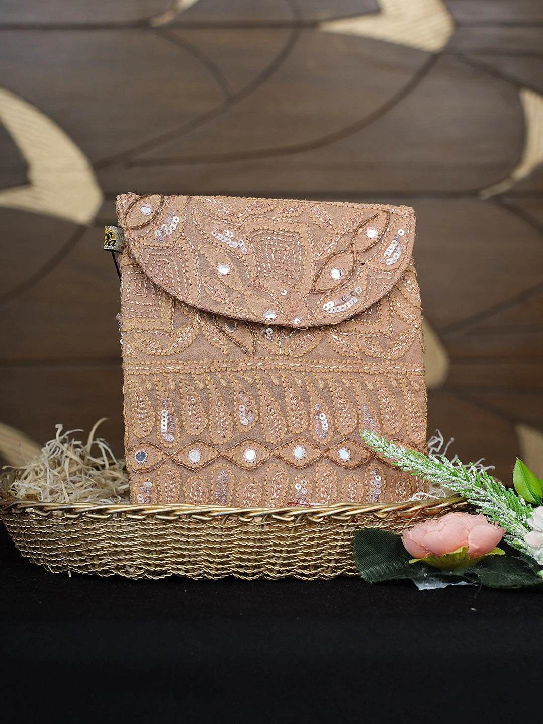 Ada Hand Embroidered Brown Viscose Georgette Lucknowi Chikankari Pouch with Zari Work 01A916343