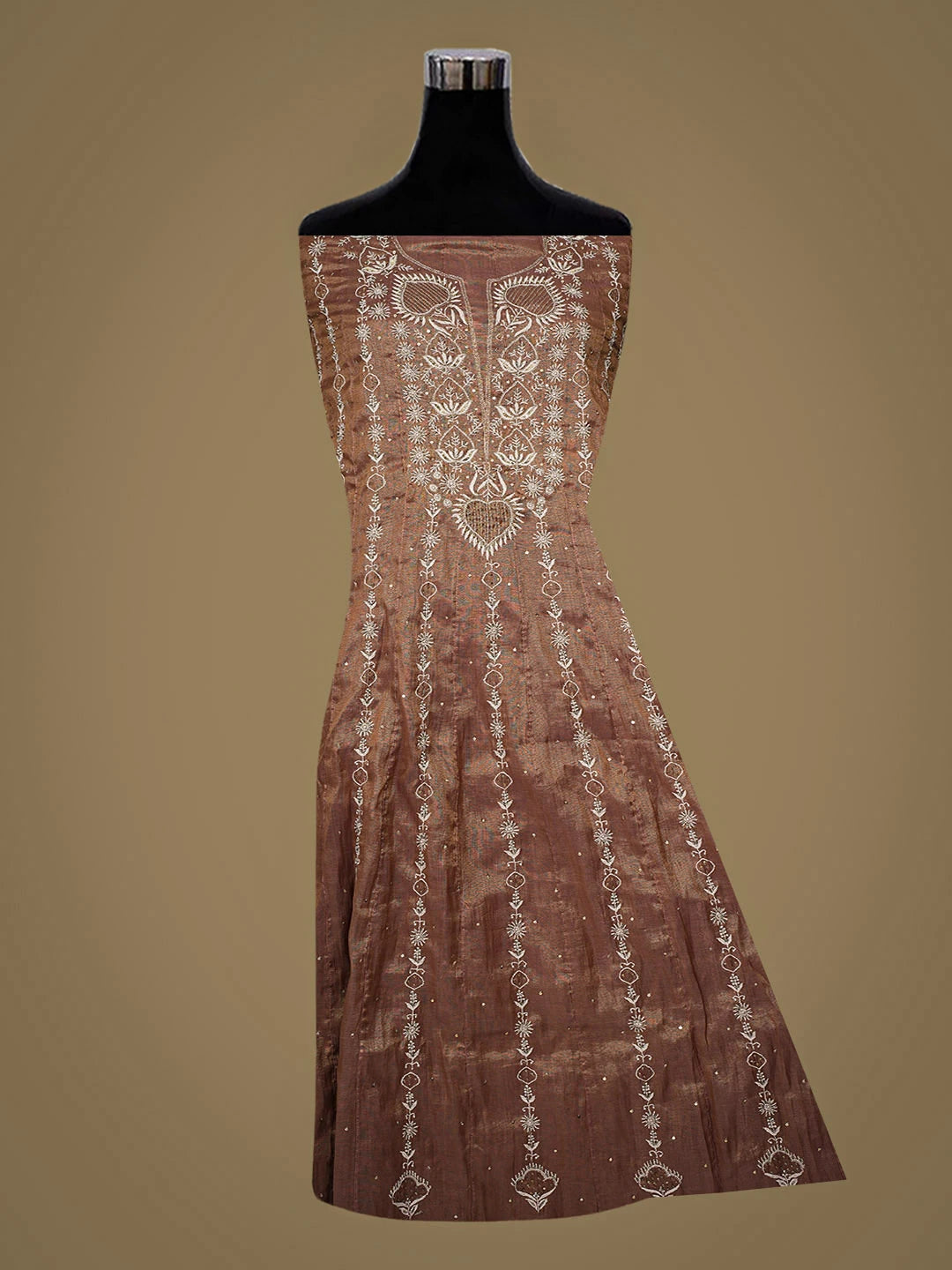 Ada Hand Embroidered Dusty Peach Tissue Lucknowi Chikankari Semi-stitched Anarkali Kurta Dupatta Set with Cutdana Work 01A793546