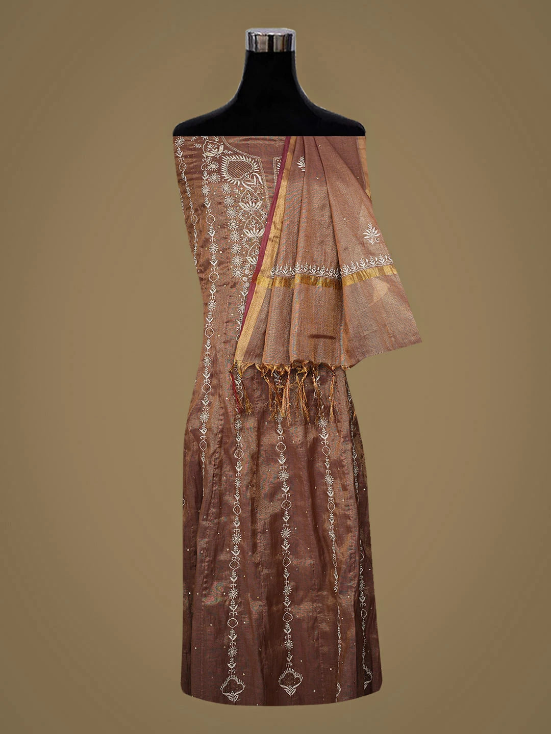 Ada Hand Embroidered Dusty Peach Tissue Lucknowi Chikankari Semi-stitched Anarkali Kurta Dupatta Set with Cutdana Work 01A793546