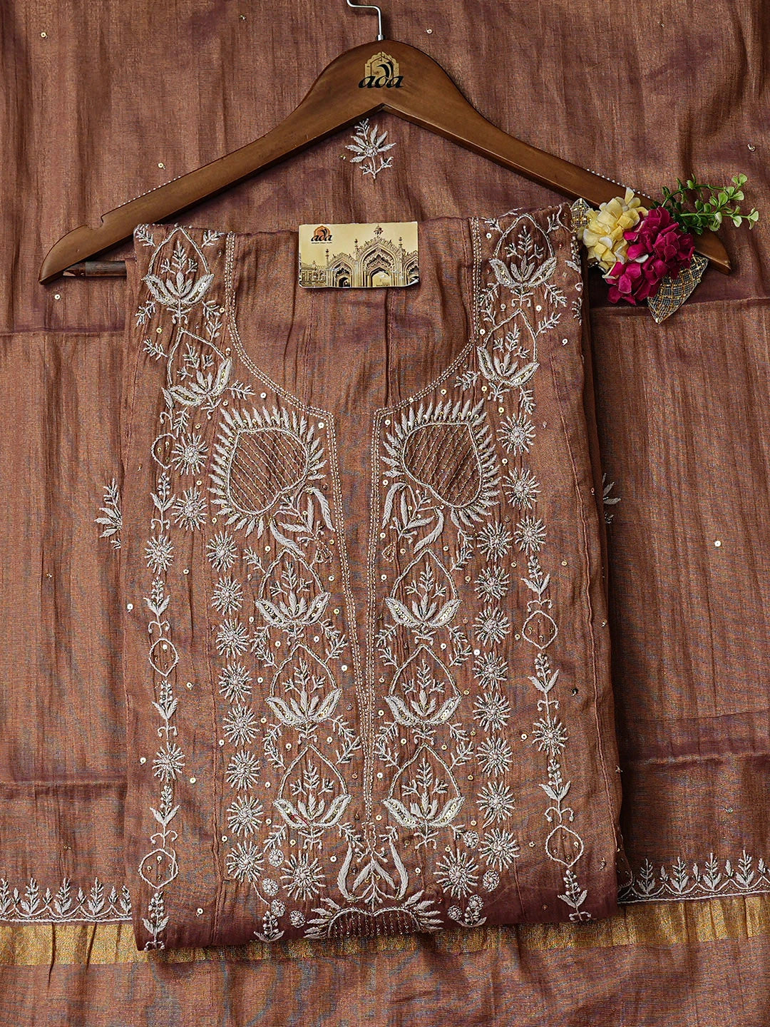 Ada Hand Embroidered Dusty Peach Tissue Lucknowi Chikankari Semi-stitched Anarkali Kurta Dupatta Set with Cutdana Work 01A793546