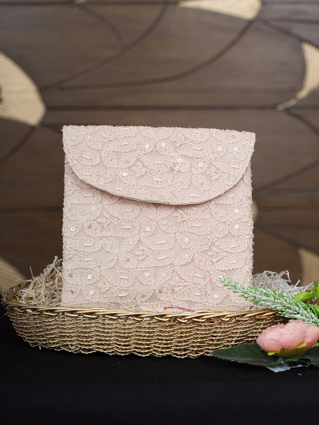 Ada Hand Embroidered Light Peach Viscose Georgette Lucknowi Chikankari Pouch with Cutdana Work 01A916353