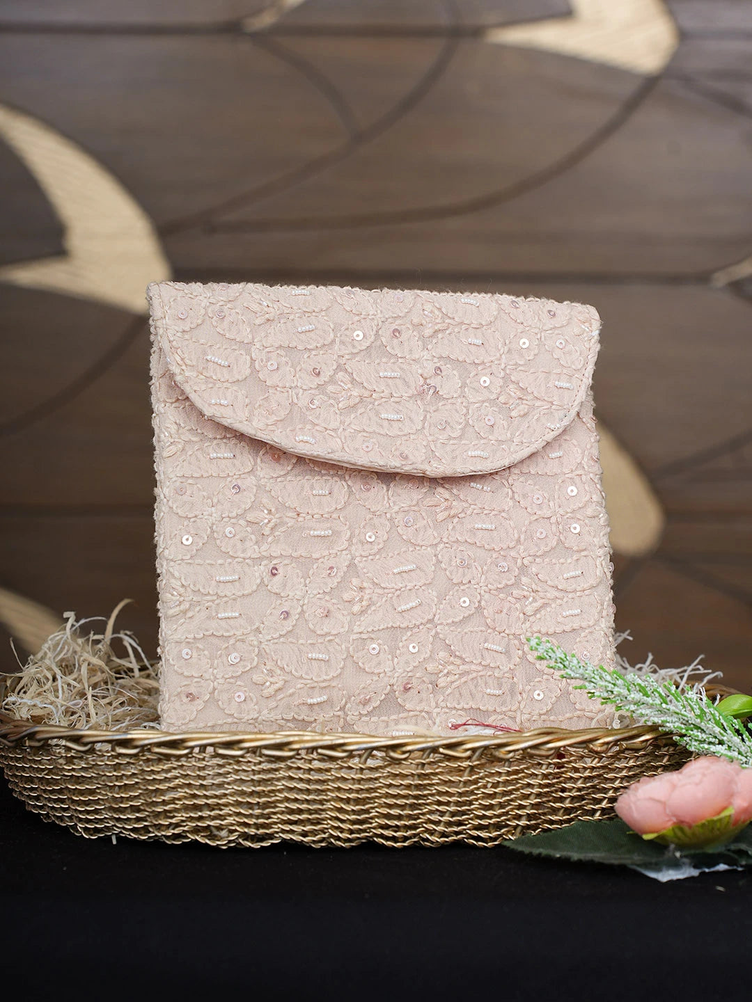 Ada Hand Embroidered Light Peach Viscose Georgette Lucknowi Chikankari Pouch with Cutdana Work 01A916353