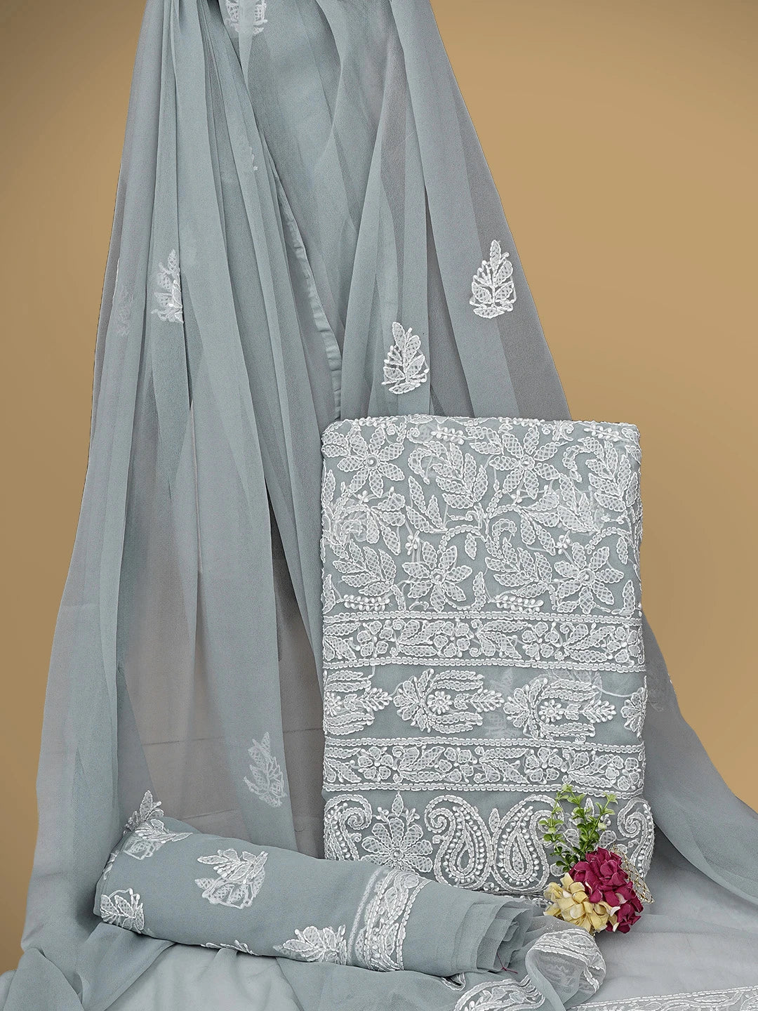 Ada Hand Embroidered Grey Georgette Lucknowi Chikankari Unstitched Suit Piece 01A905914