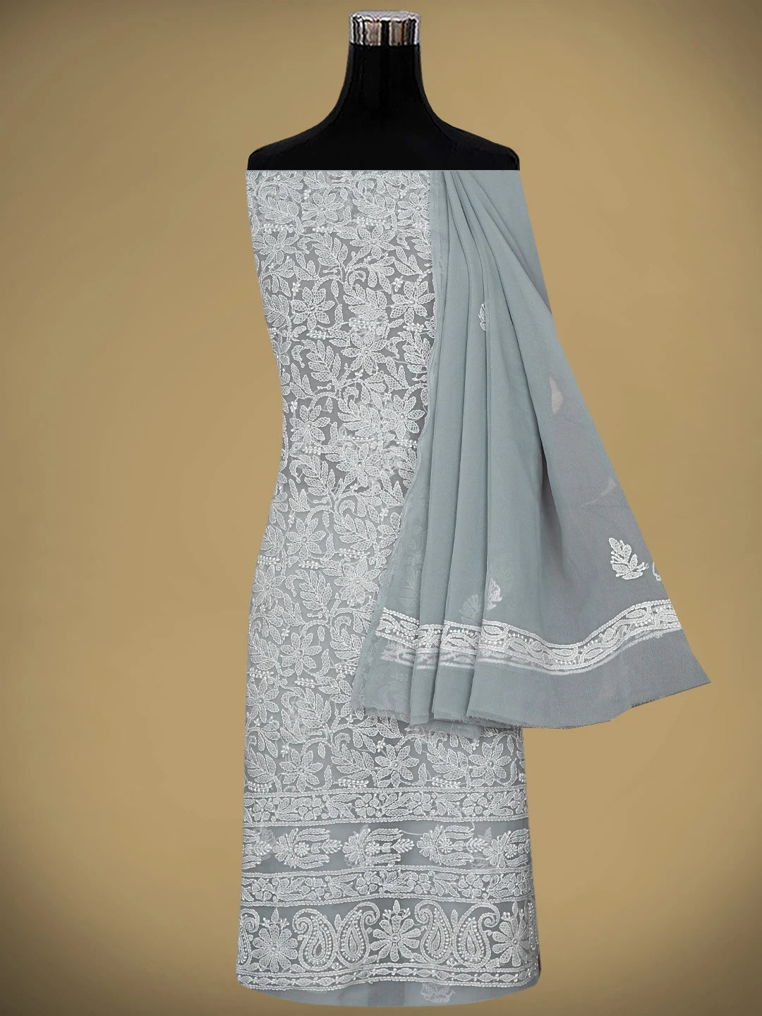Ada Hand Embroidered Grey Georgette Lucknowi Chikankari Unstitched Suit Piece 01A905914