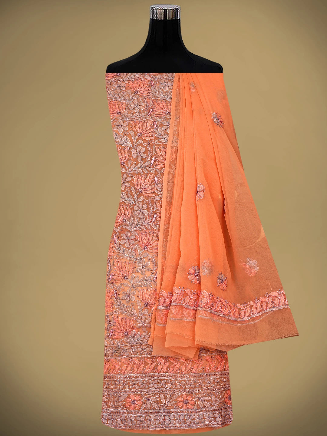 Ada Hand Embroidered Light Salmon Peach Georgette Lucknowi Chikankari Unstitched Suit Piece 01A952892