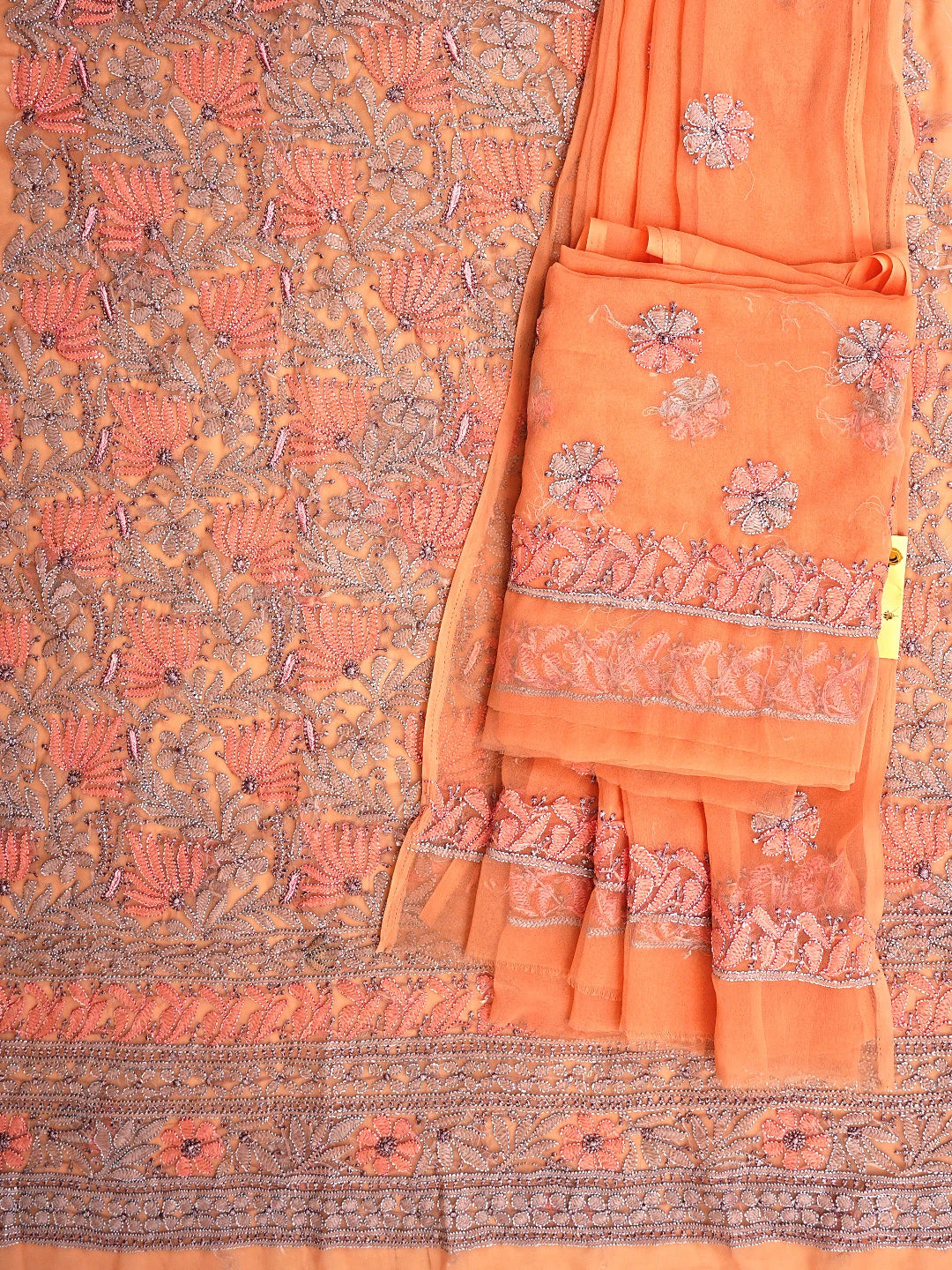 Ada Hand Embroidered Light Salmon Peach Georgette Lucknowi Chikankari Unstitched Suit Piece 01A952892