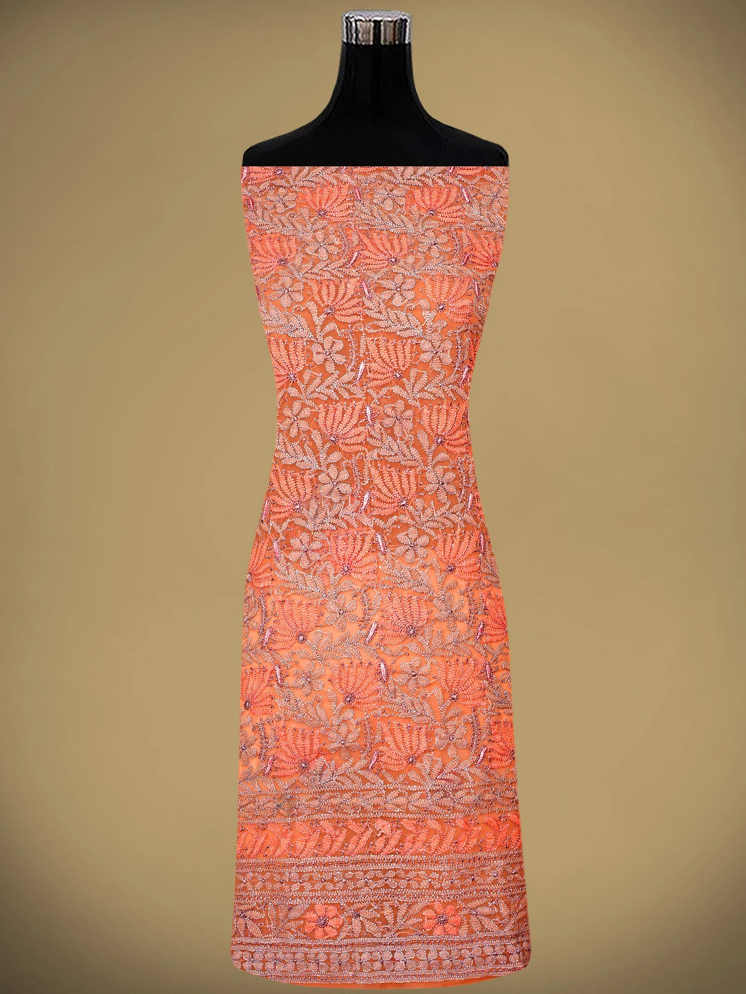 Ada Hand Embroidered Light Salmon Peach Georgette Lucknowi Chikankari Unstitched Suit Piece 01A952892
