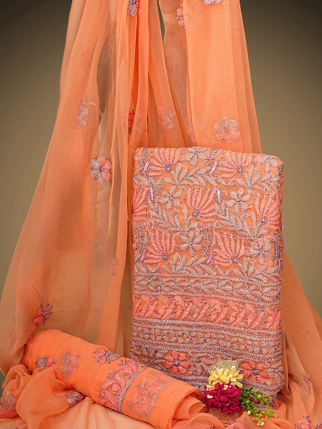 Ada Hand Embroidered Light Salmon Peach Georgette Lucknowi Chikankari Unstitched Suit Piece 01A952892