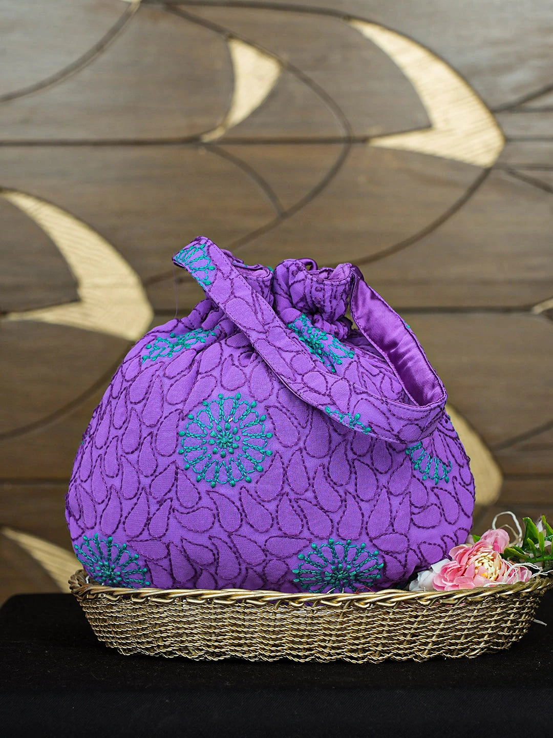 Ada Hand Embroidered Purple Viscose Gerogette Lucknowi Chikankari Potli Bag 01A916373