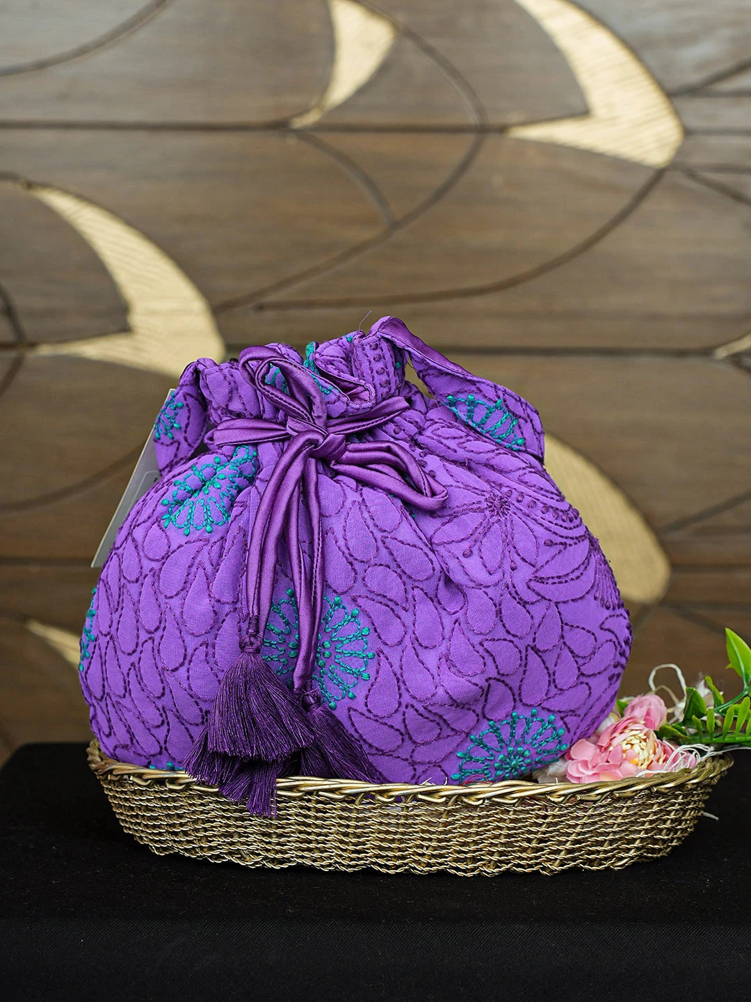 Ada Hand Embroidered Purple Viscose Gerogette Lucknowi Chikankari Potli Bag 01A916373