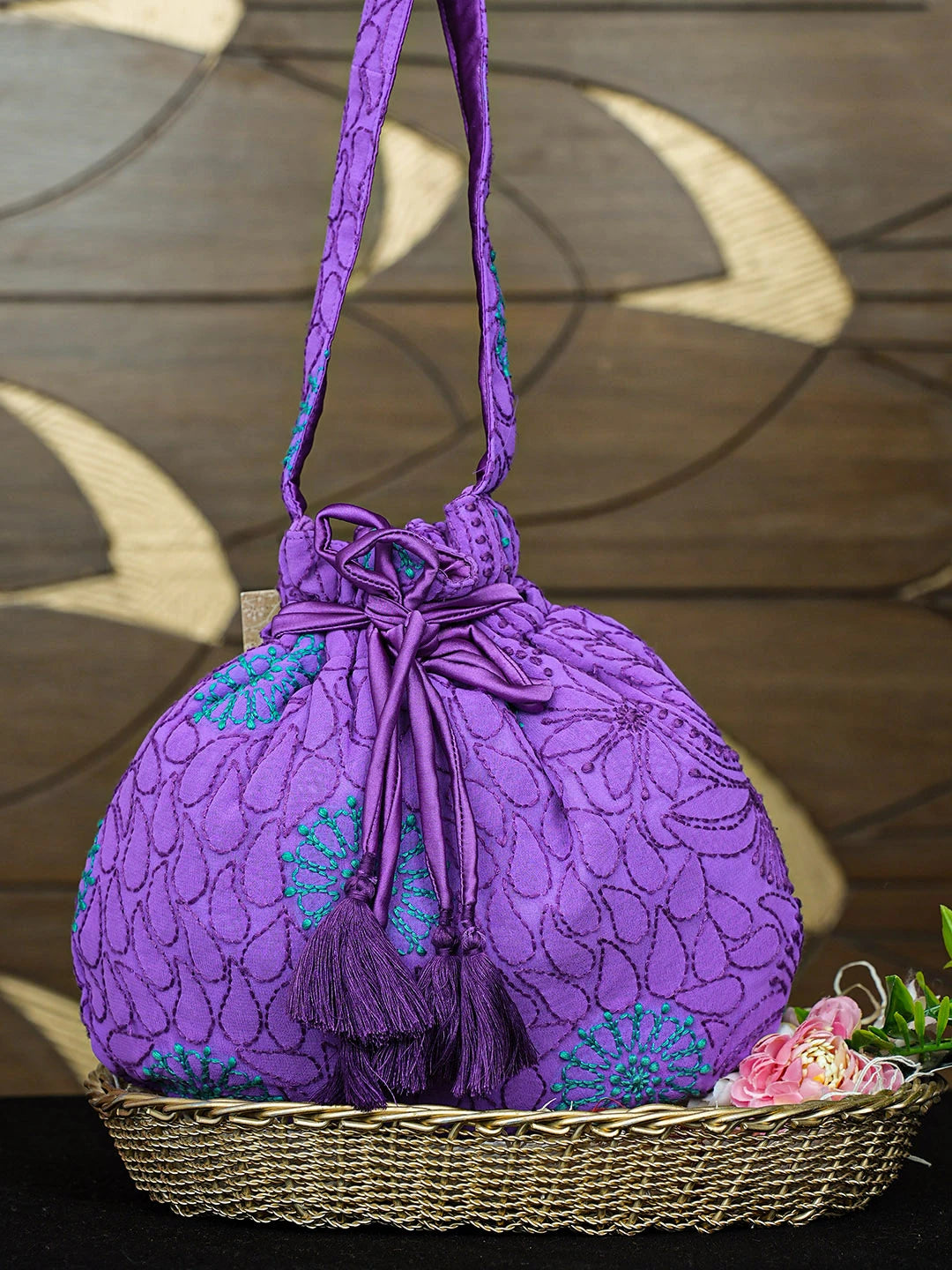 Ada Hand Embroidered Purple Viscose Gerogette Lucknowi Chikankari Potli Bag 01A916373