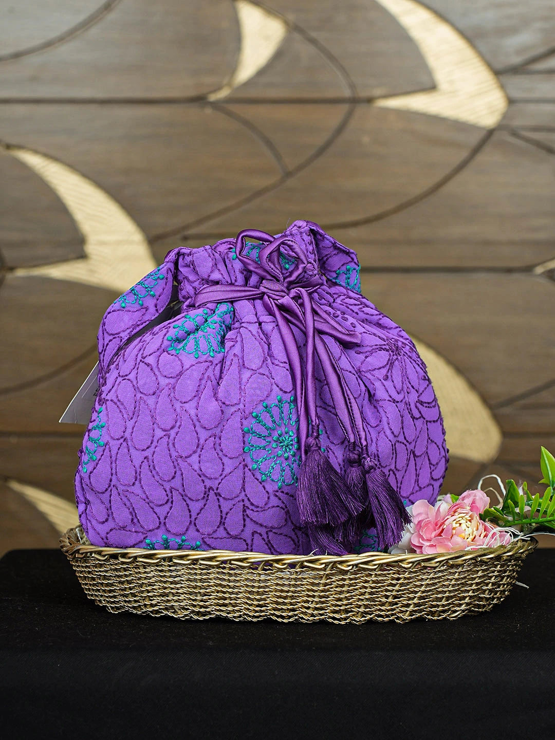 Ada Hand Embroidered Purple Viscose Gerogette Lucknowi Chikankari Potli Bag 01A916373