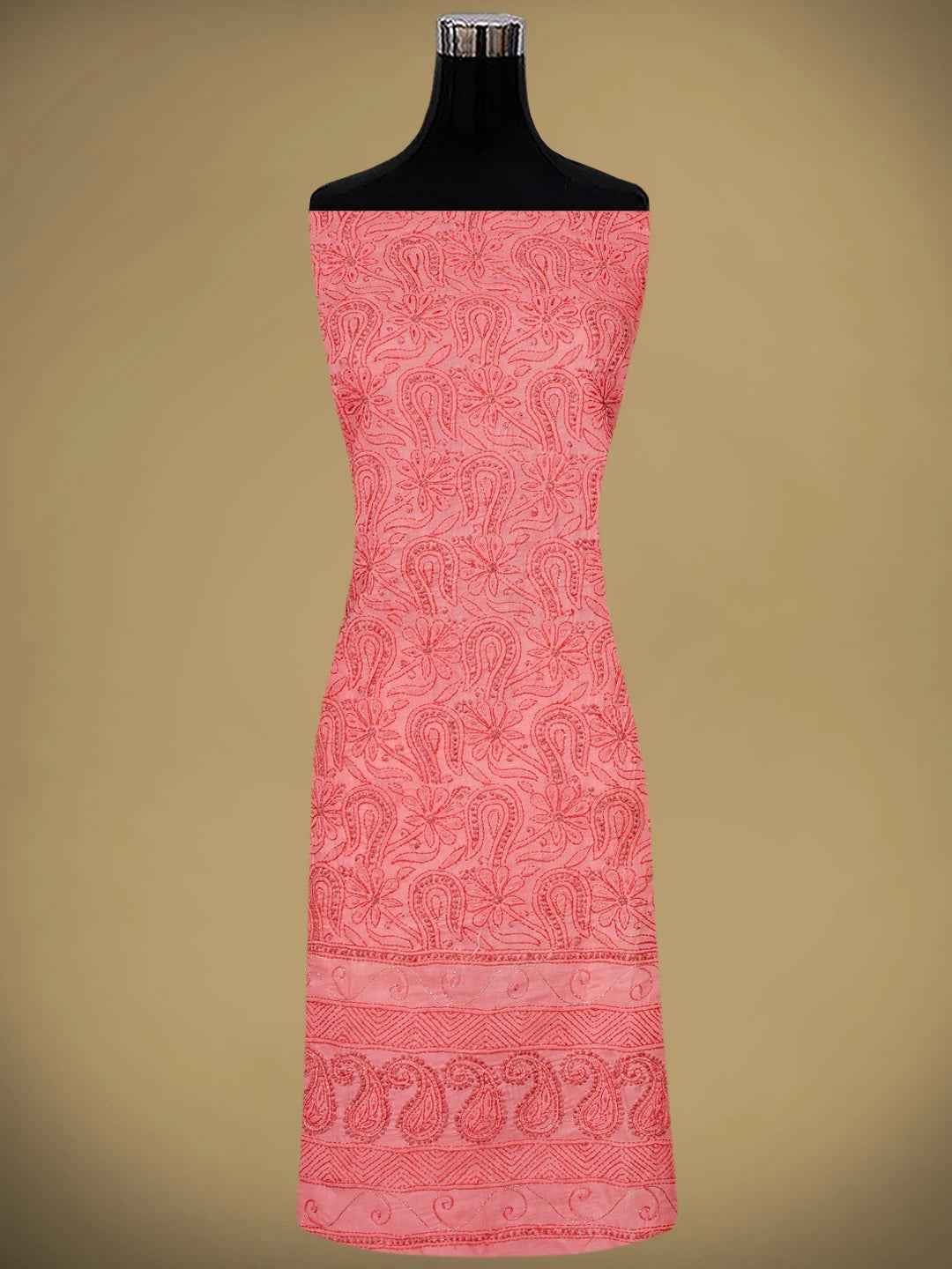 Ada Hand Embroidered Carrot Pink Cotton Lucknowi Chikankari Unstitched Suit Piece With Zari Work 01A402582
