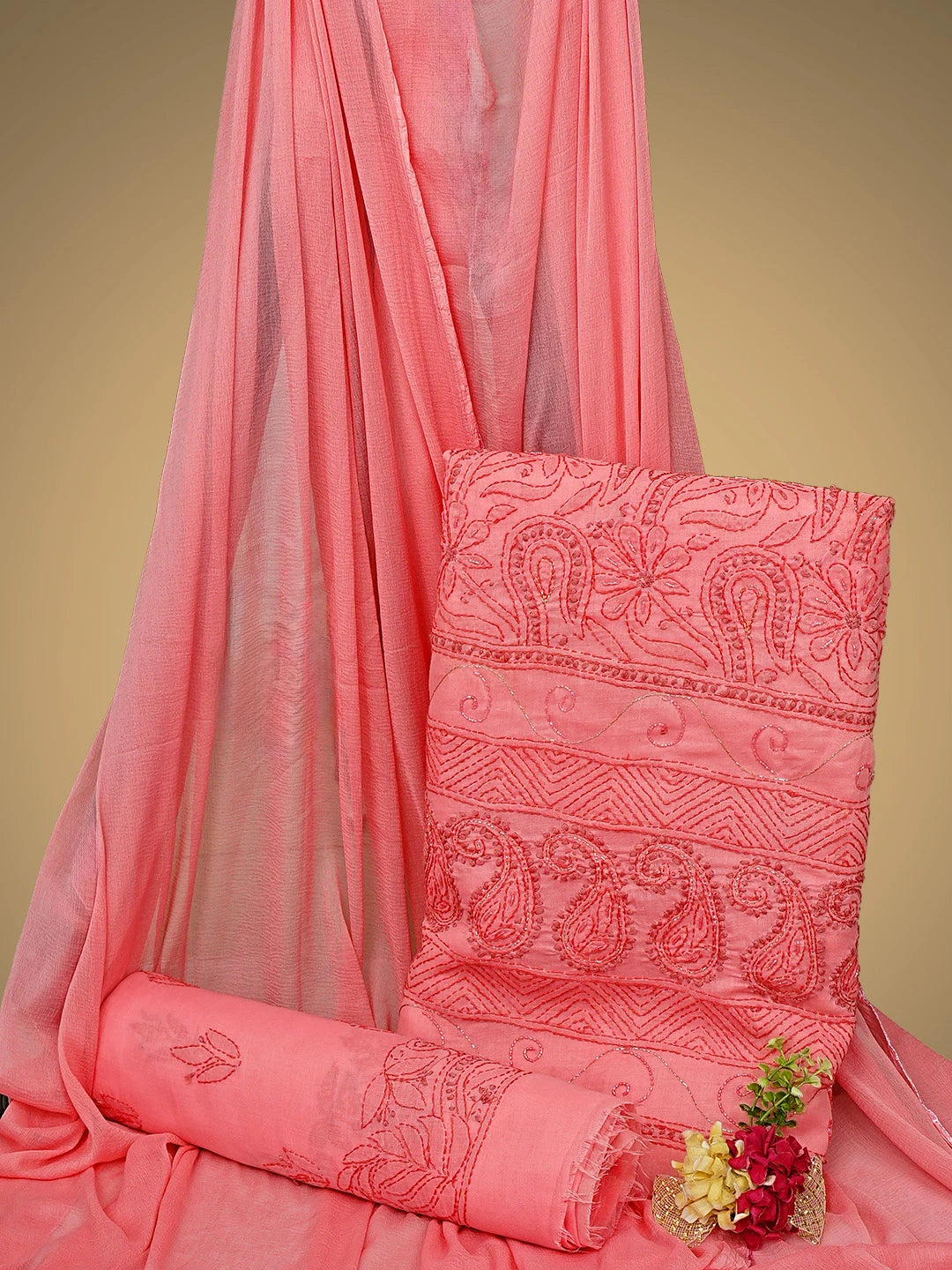Ada Hand Embroidered Carrot Pink Cotton Lucknowi Chikankari Unstitched Suit Piece With Zari Work 01A402582