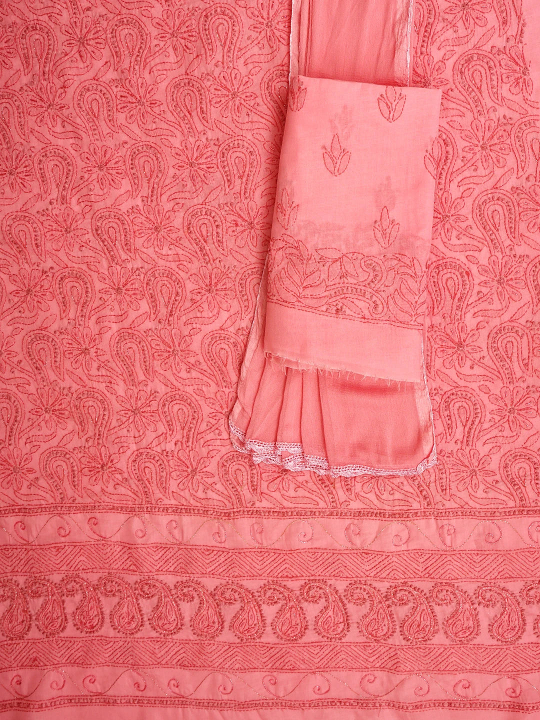 Ada Hand Embroidered Carrot Pink Cotton Lucknowi Chikankari Unstitched Suit Piece With Zari Work 01A402582