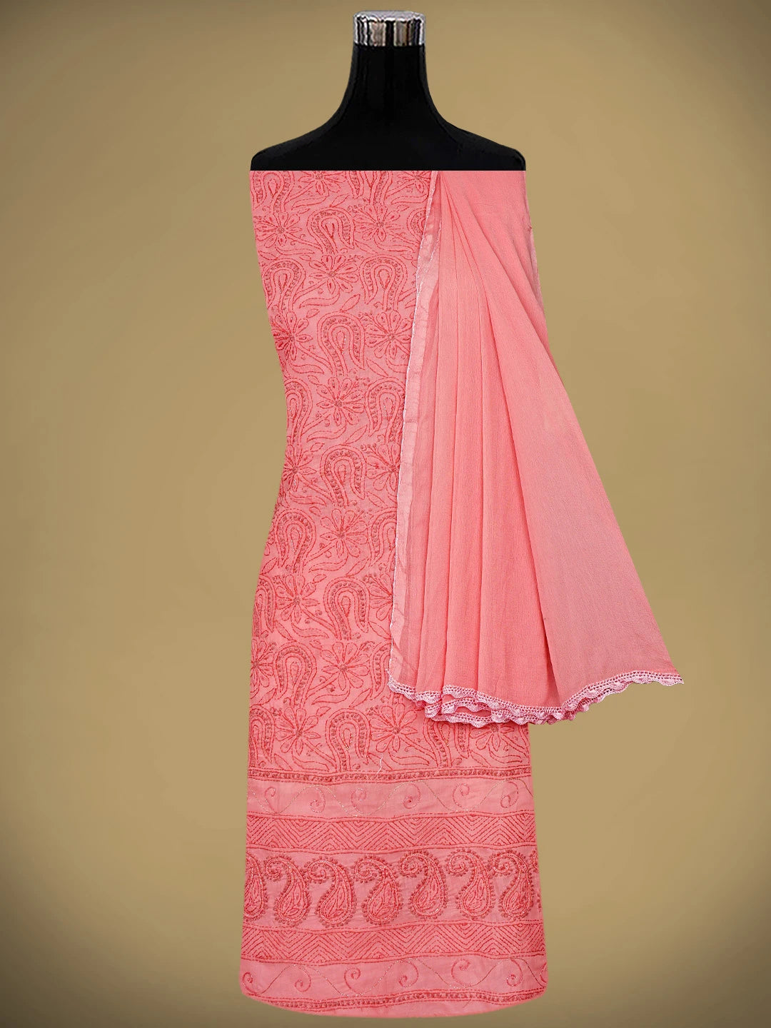 Ada Hand Embroidered Carrot Pink Cotton Lucknowi Chikankari Unstitched Suit Piece With Zari Work 01A402582
