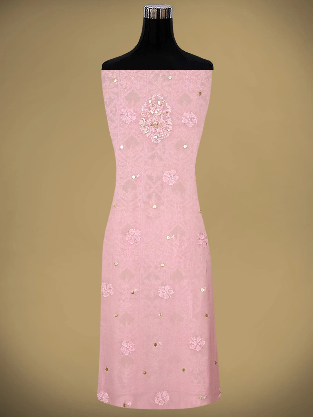 Ada Hand Embroidere Pink Viscose Georgette Lucknowi Chikankari Unstitched Kurta Dupatta Set With Gota Patti Work 01A933454