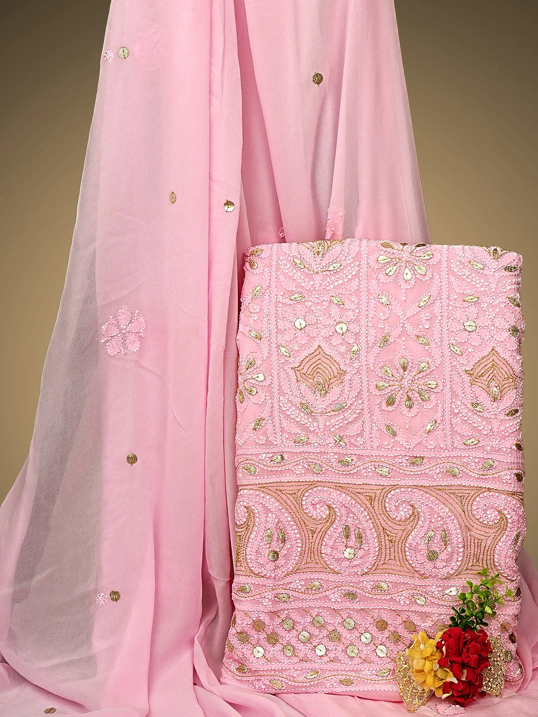 Ada Hand Embroidere Pink Viscose Georgette Lucknowi Chikankari Unstitched Kurta Dupatta Set With Gota Patti Work 01A933454