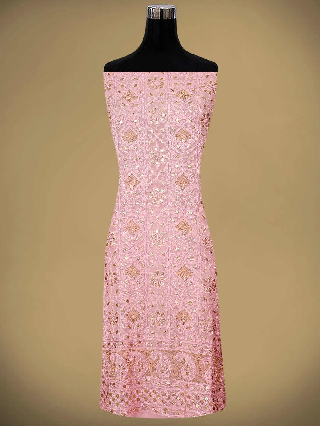 Ada Hand Embroidere Pink Viscose Georgette Lucknowi Chikankari Unstitched Kurta Dupatta Set With Gota Patti Work 01A933454