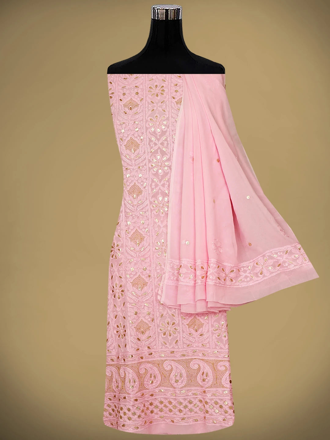 Ada Hand Embroidere Pink Viscose Georgette Lucknowi Chikankari Unstitched Kurta Dupatta Set With Gota Patti Work 01A933454