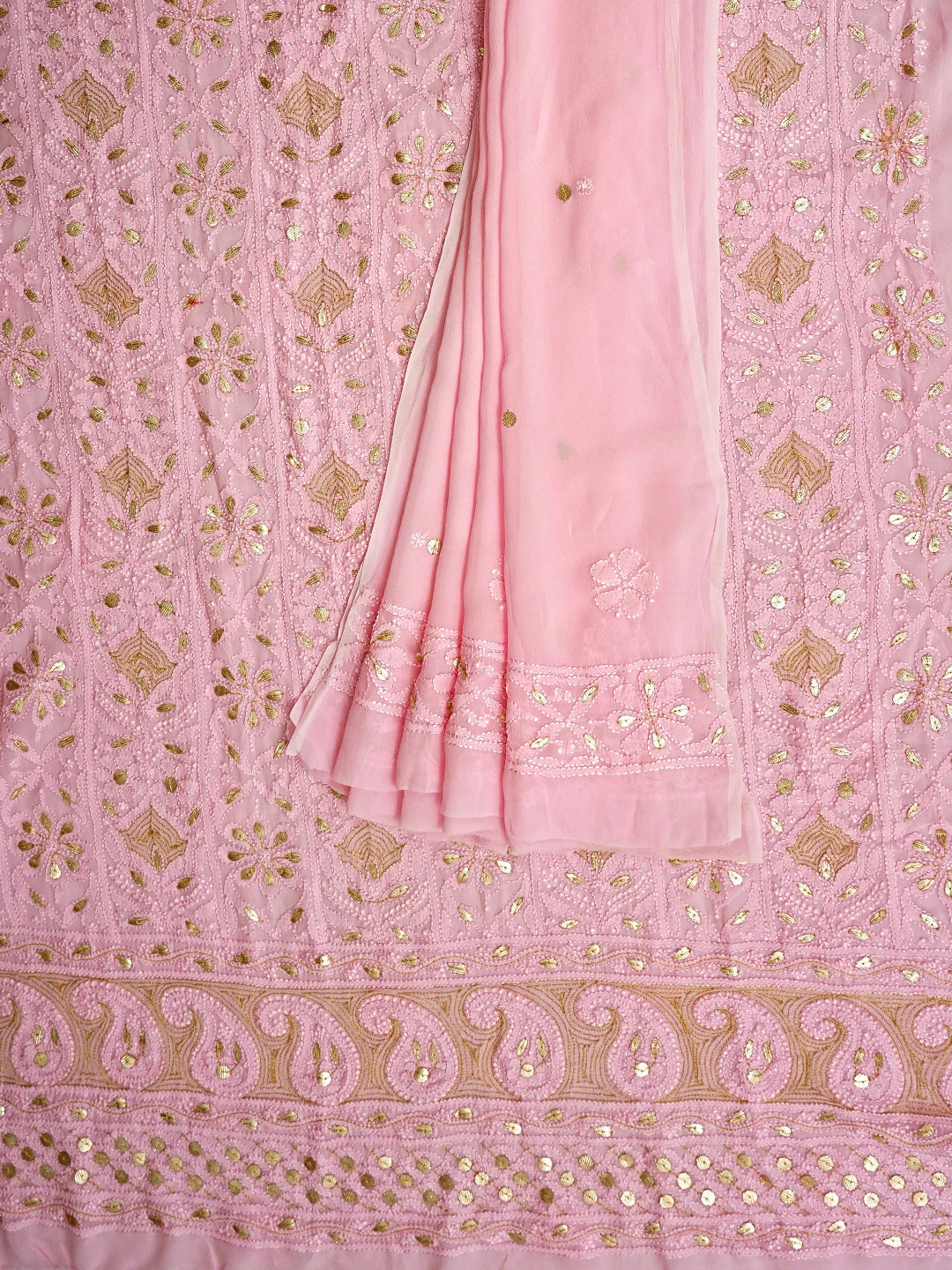 Ada Hand Embroidere Pink Viscose Georgette Lucknowi Chikankari Unstitched Kurta Dupatta Set With Gota Patti Work 01A933454