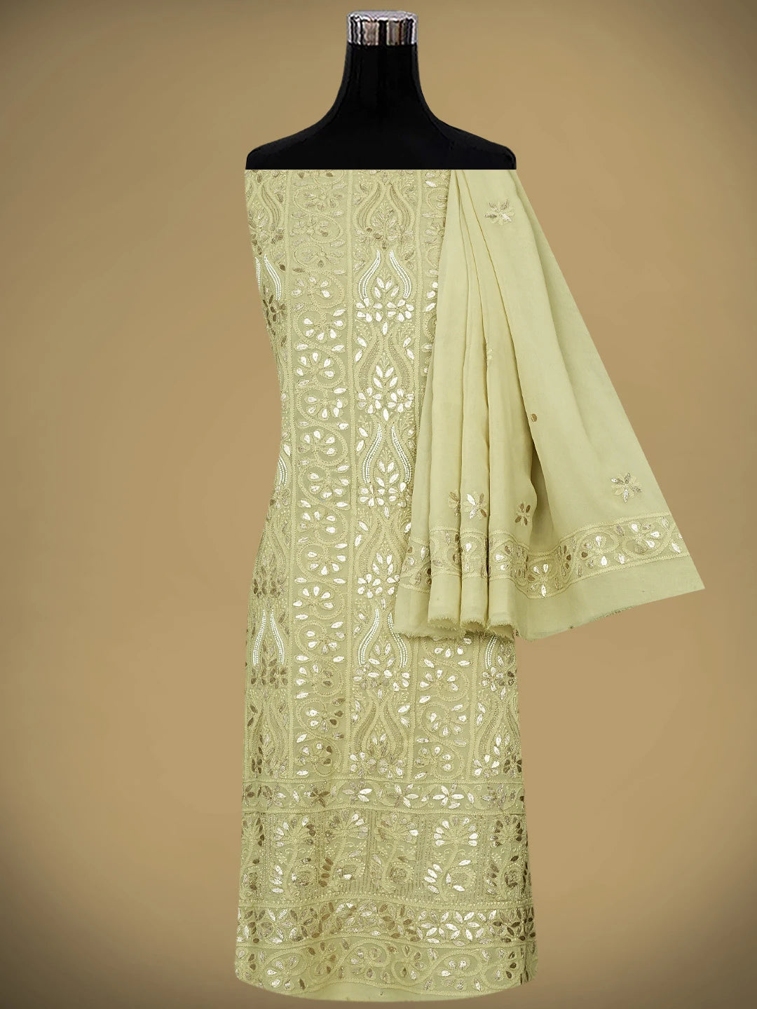 Ada Hand Embroidere Dry Sage Green Viscose Georgette Lucknowi Chikankari Unstitched Kurta Dupatta Set With Gota Patti Work 01A951222