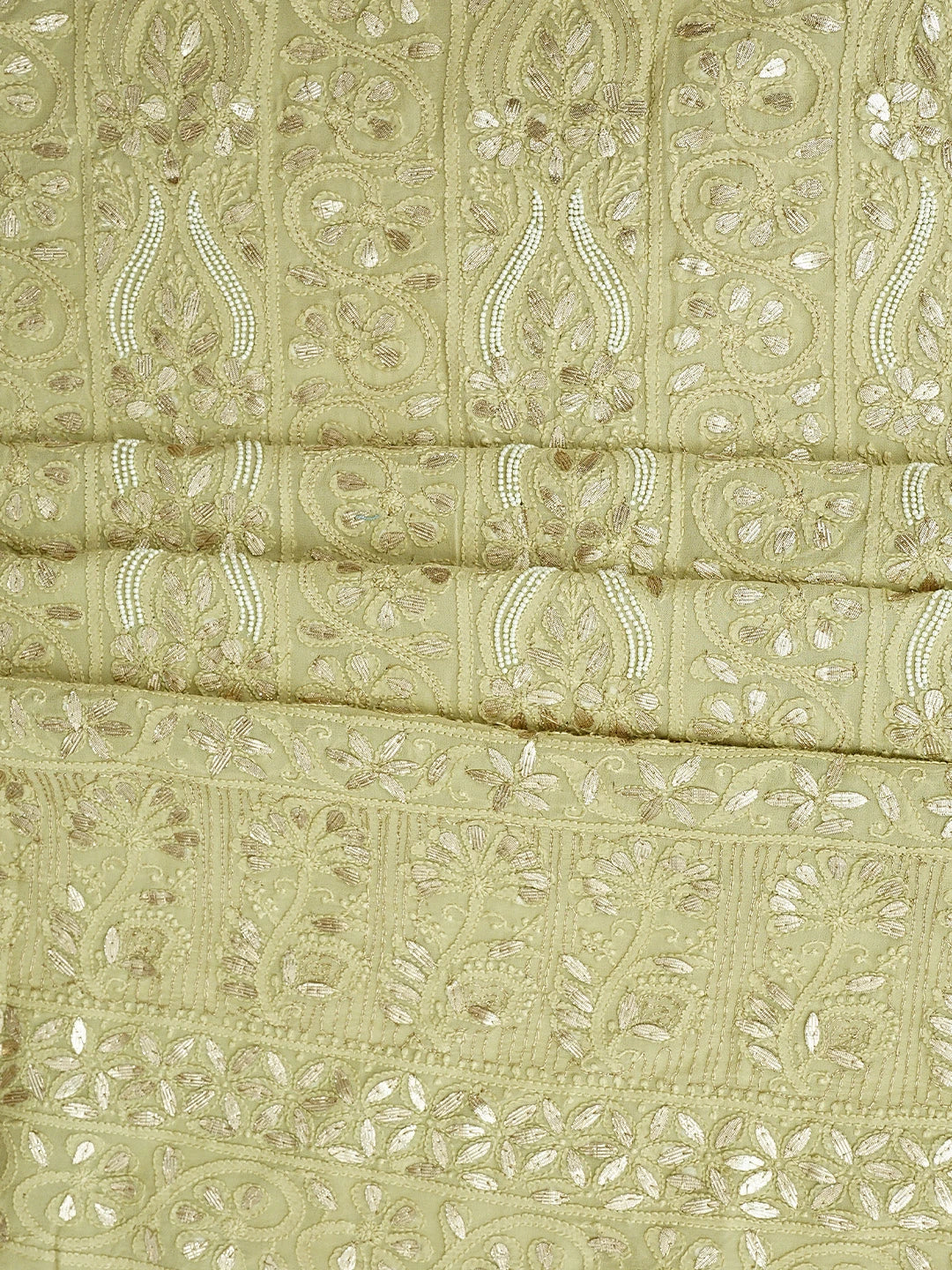Ada Hand Embroidere Dry Sage Green Viscose Georgette Lucknowi Chikankari Unstitched Kurta Dupatta Set With Gota Patti Work 01A951222