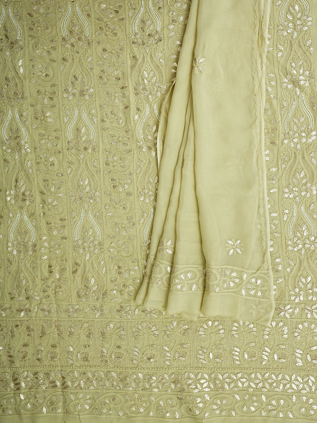 Ada Hand Embroidere Dry Sage Green Viscose Georgette Lucknowi Chikankari Unstitched Kurta Dupatta Set With Gota Patti Work 01A951222