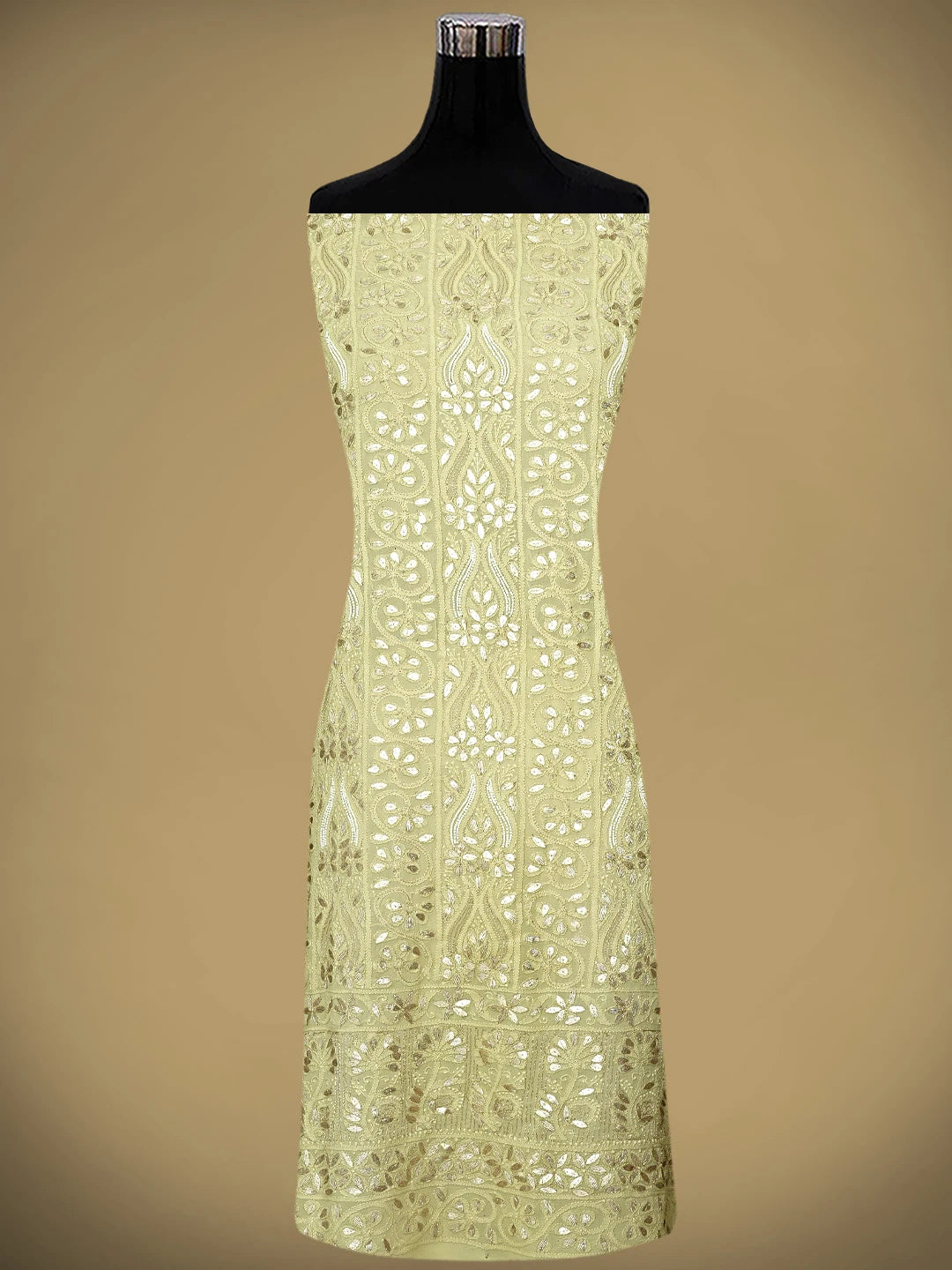 Ada Hand Embroidere Dry Sage Green Viscose Georgette Lucknowi Chikankari Unstitched Kurta Dupatta Set With Gota Patti Work 01A951222