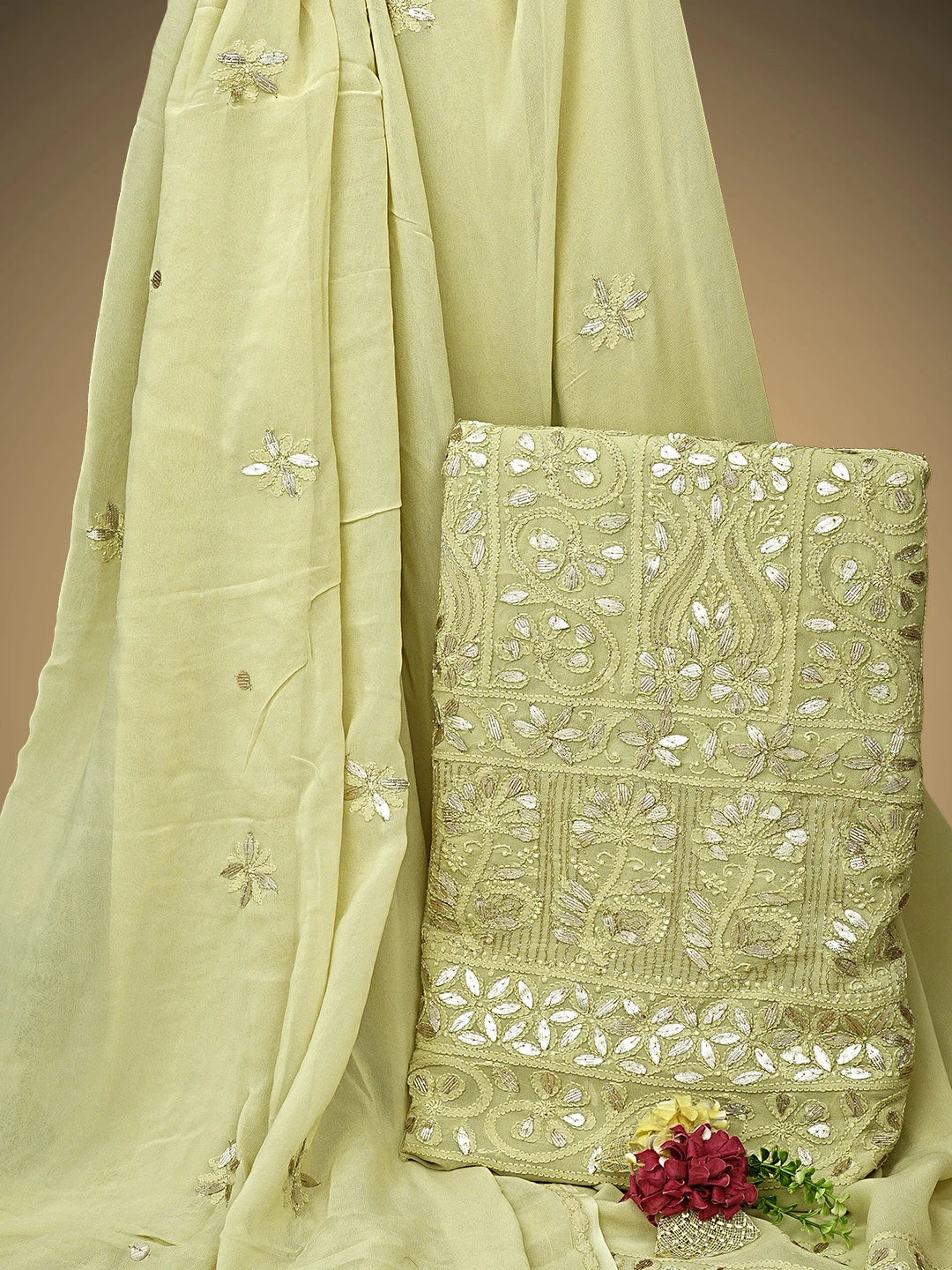Ada Hand Embroidere Dry Sage Green Viscose Georgette Lucknowi Chikankari Unstitched Kurta Dupatta Set With Gota Patti Work 01A951222