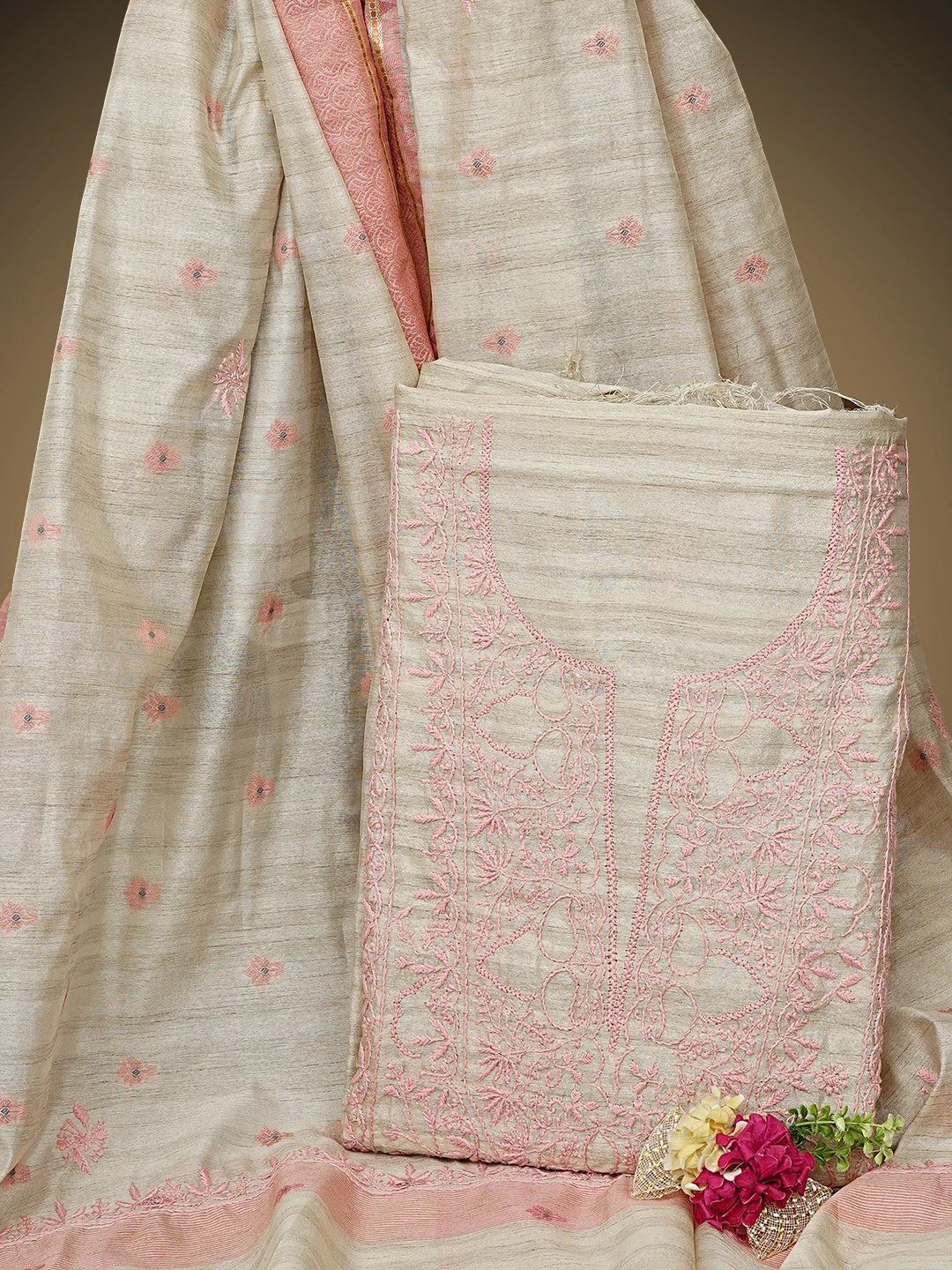 Ada Hand Embroidered Fawn Silk Lucknowi Chikankari Unstitched Kurta Dupatta Set 01A958720