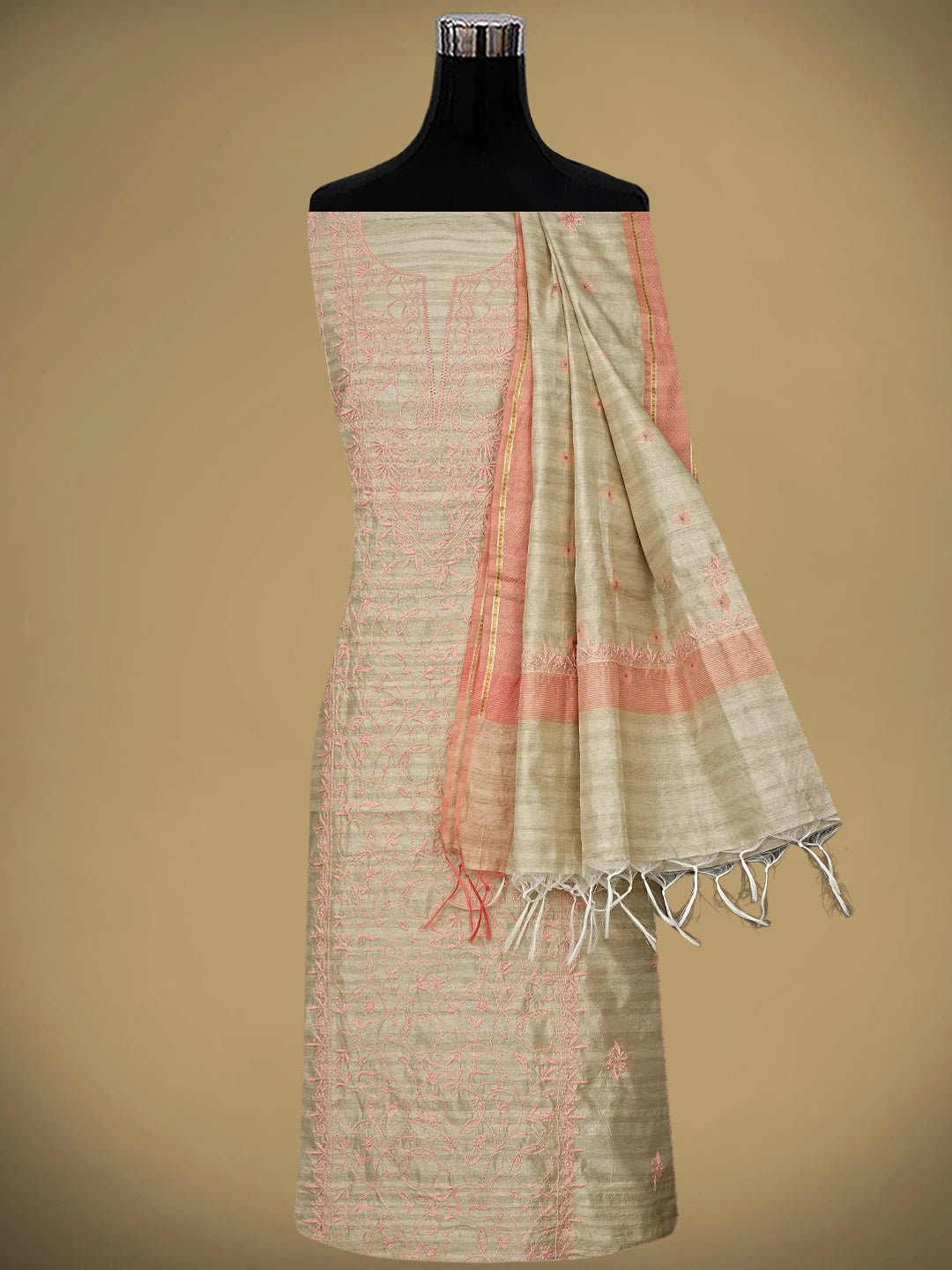 Ada Hand Embroidered Fawn Silk Lucknowi Chikankari Unstitched Kurta Dupatta Set 01A958720