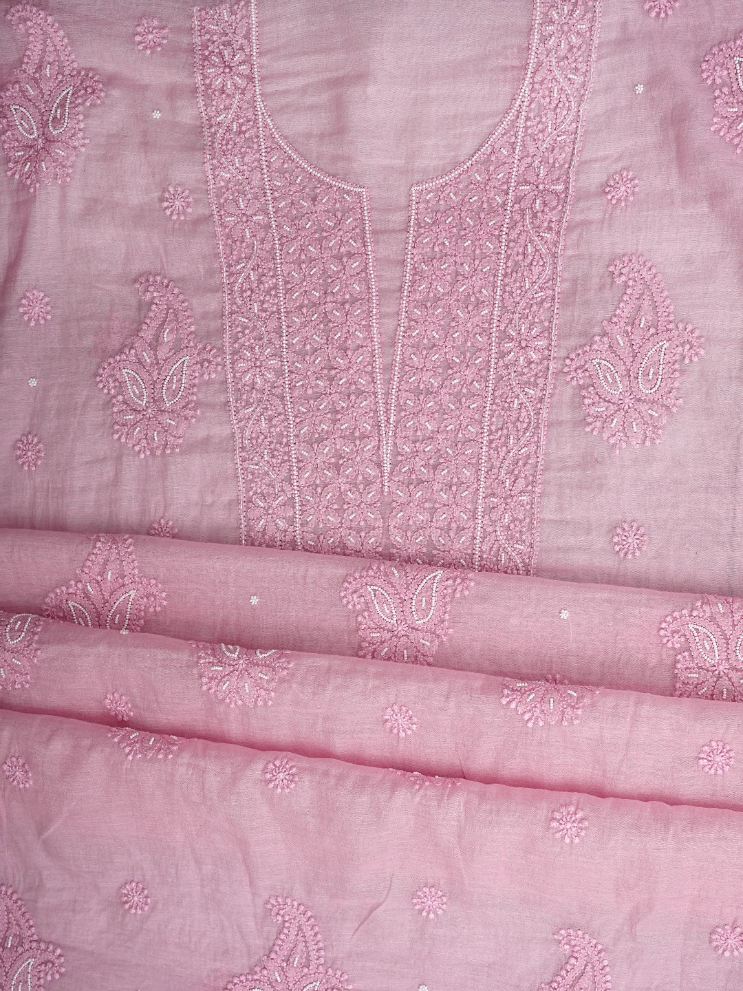 Ada Hand Embroidered Pink Chanderi Lucknowi Chikankari Unstitched Kurta Dupatta Set With Pearl Work 01A922154
