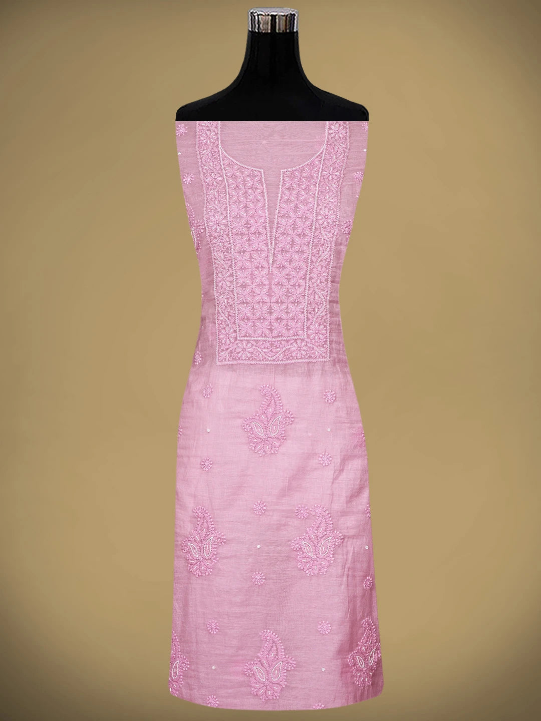 Ada Hand Embroidered Pink Chanderi Lucknowi Chikankari Unstitched Kurta Dupatta Set With Pearl Work 01A922154