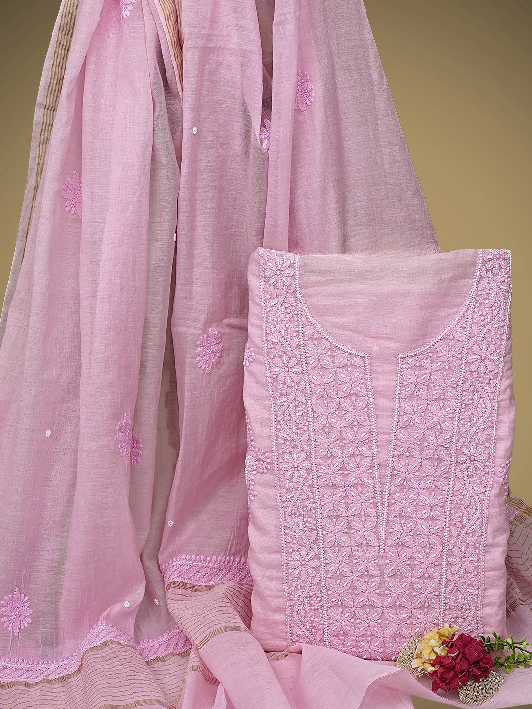 Ada Hand Embroidered Pink Chanderi Lucknowi Chikankari Unstitched Kurta Dupatta Set With Pearl Work 01A922154