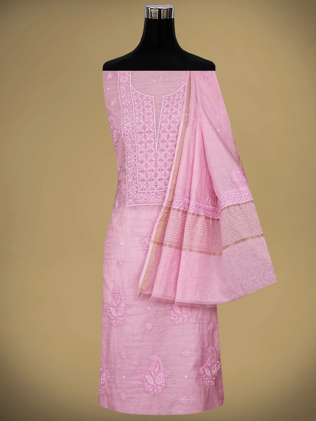 Ada Hand Embroidered Pink Chanderi Lucknowi Chikankari Unstitched Kurta Dupatta Set With Pearl Work 01A922154