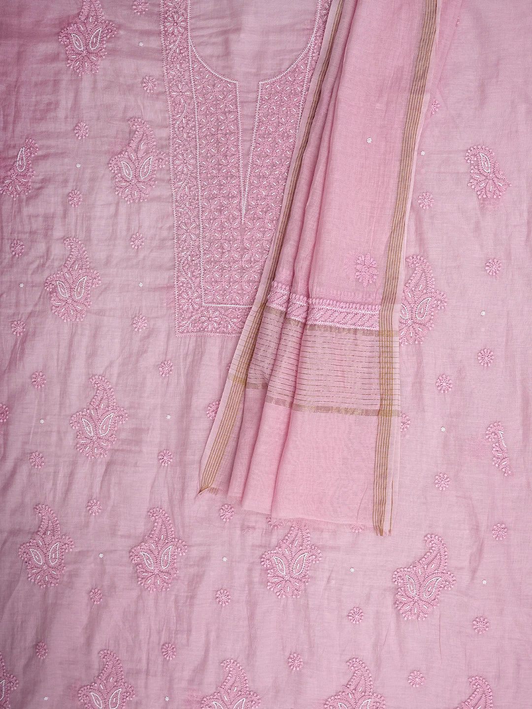 Ada Hand Embroidered Pink Chanderi Lucknowi Chikankari Unstitched Kurta Dupatta Set With Pearl Work 01A922154